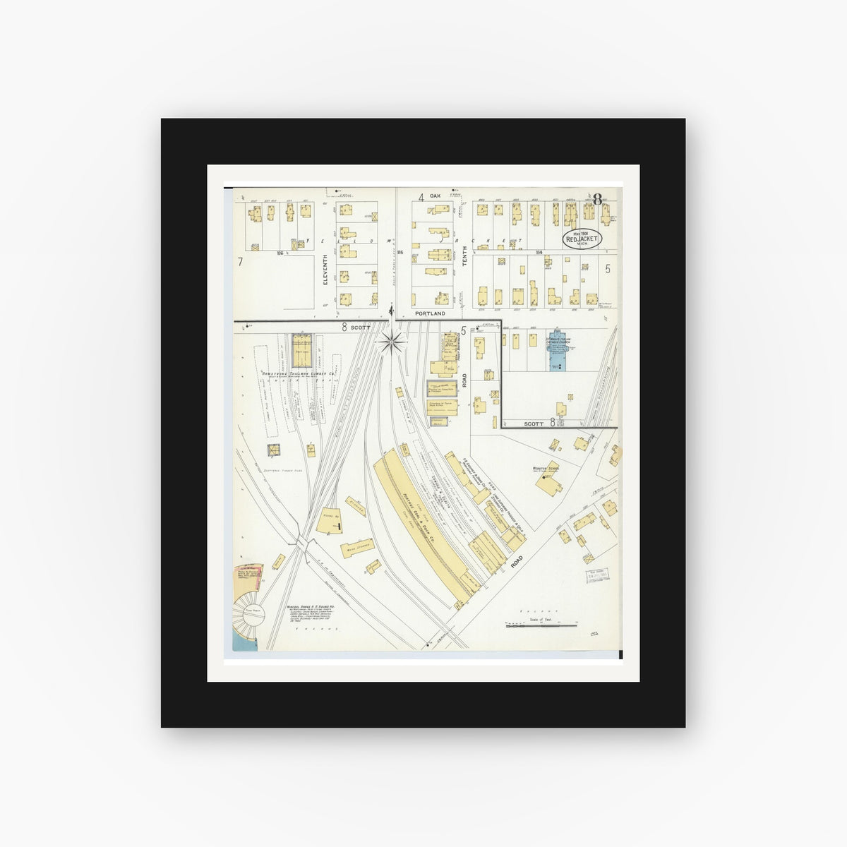 Old map wall art mockup — black gallery frame with white mat — Sanborn Fire Insurance Map from Red Jacket, Houghton County, Michigan (1908), Sheet #0008