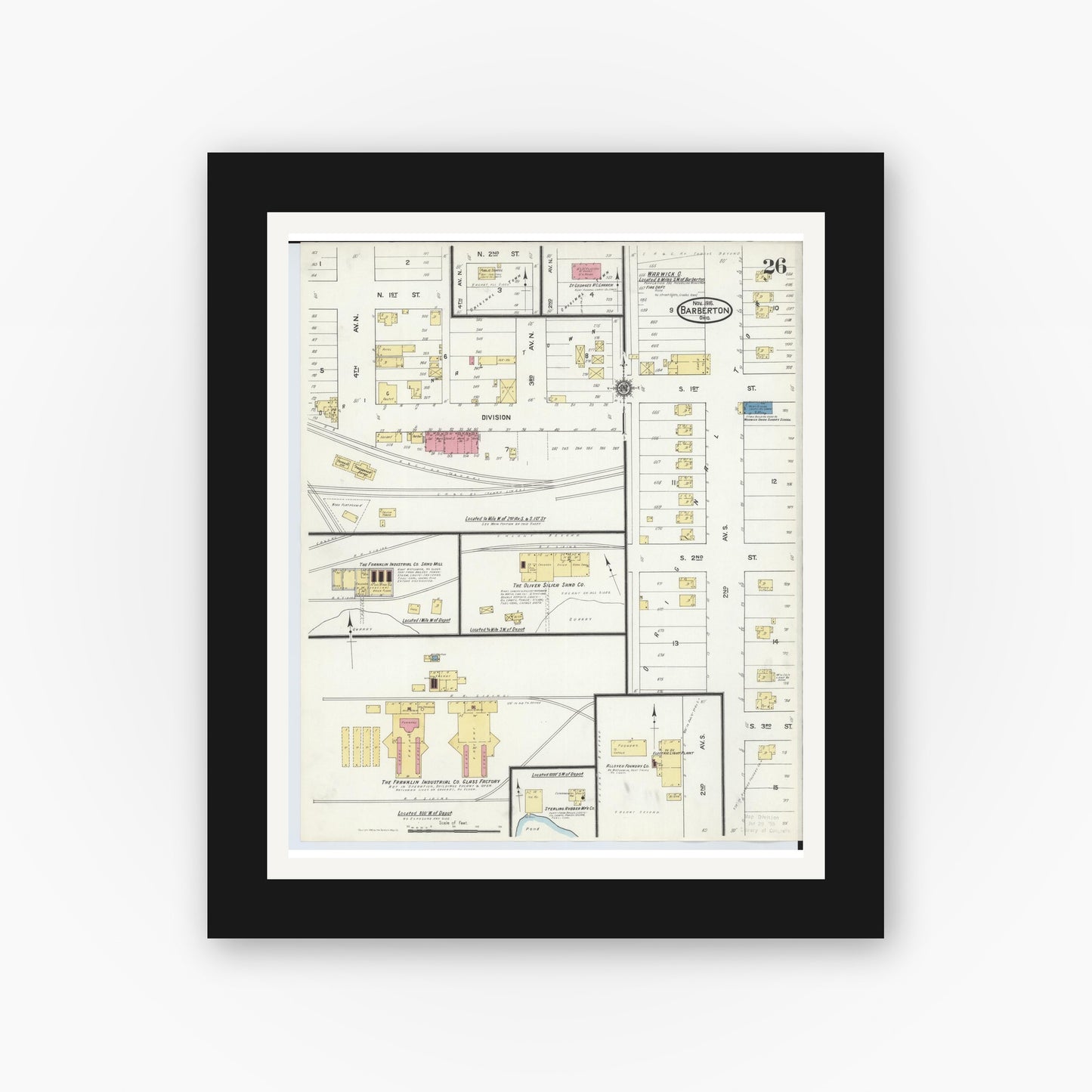 Old map wall art mockup — black gallery frame with white mat — Sanborn Fire Insurance Map from Barberton, Summit County, Ohio (1916), Sheet #0026
