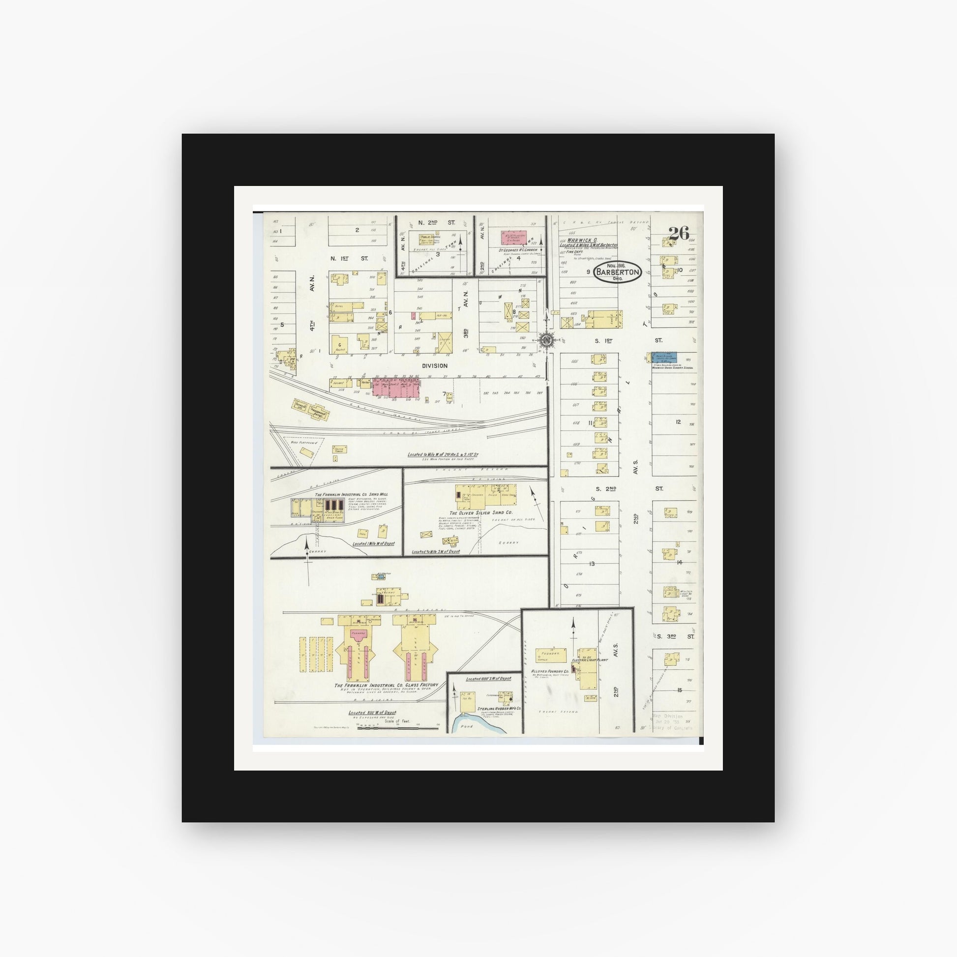 Old map wall art mockup — black gallery frame with white mat — Sanborn Fire Insurance Map from Barberton, Summit County, Ohio (1916), Sheet #0026
