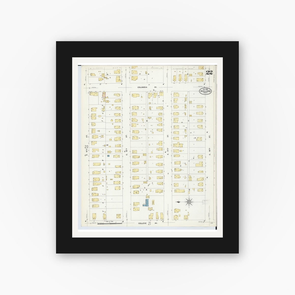 Old map wall art mockup — black gallery frame with white mat — Sanborn Fire Insurance Map from Holland, Ottawa County, Michigan (1908), Sheet #0022