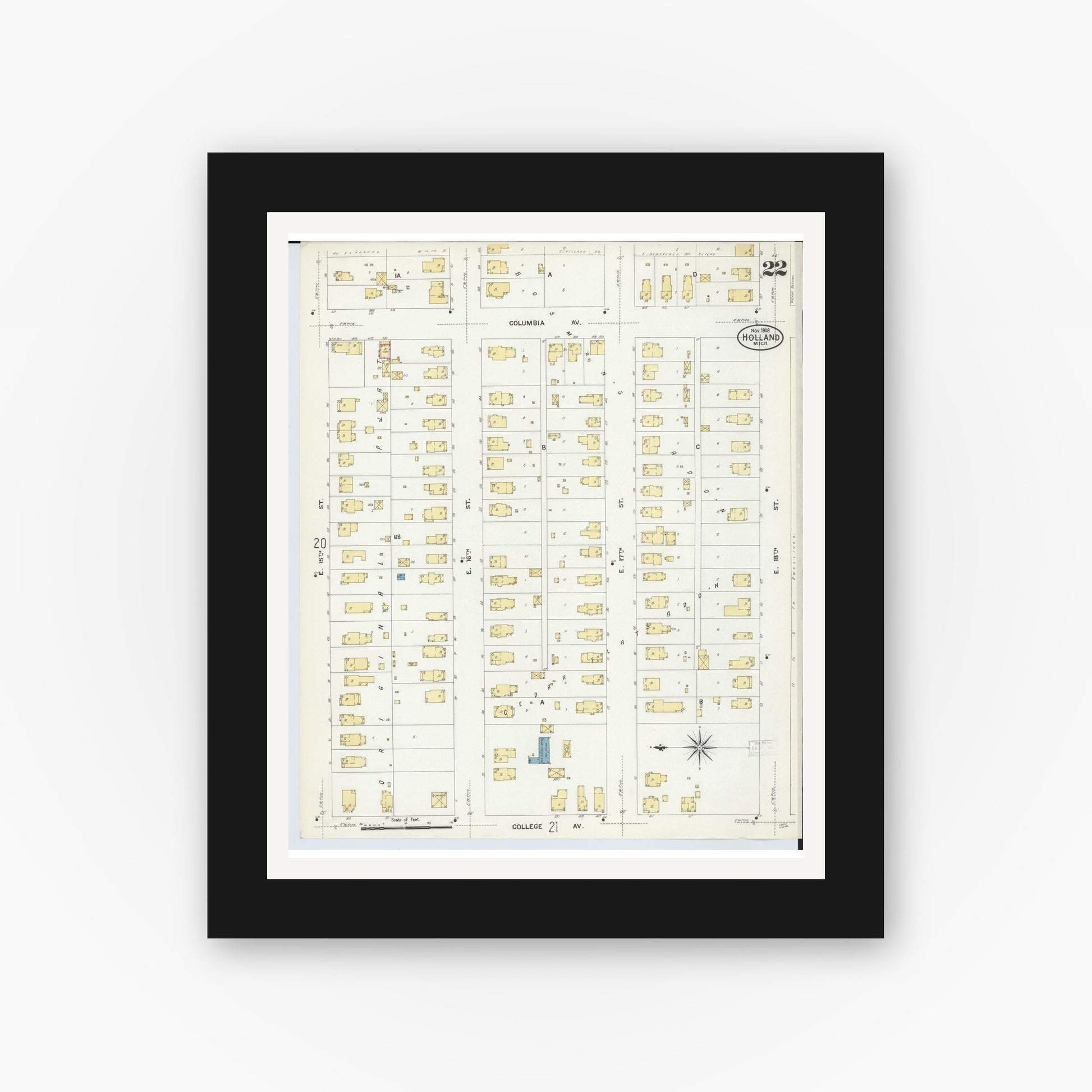 Old map wall art mockup — black gallery frame with white mat — Sanborn Fire Insurance Map from Holland, Ottawa County, Michigan (1908), Sheet #0022