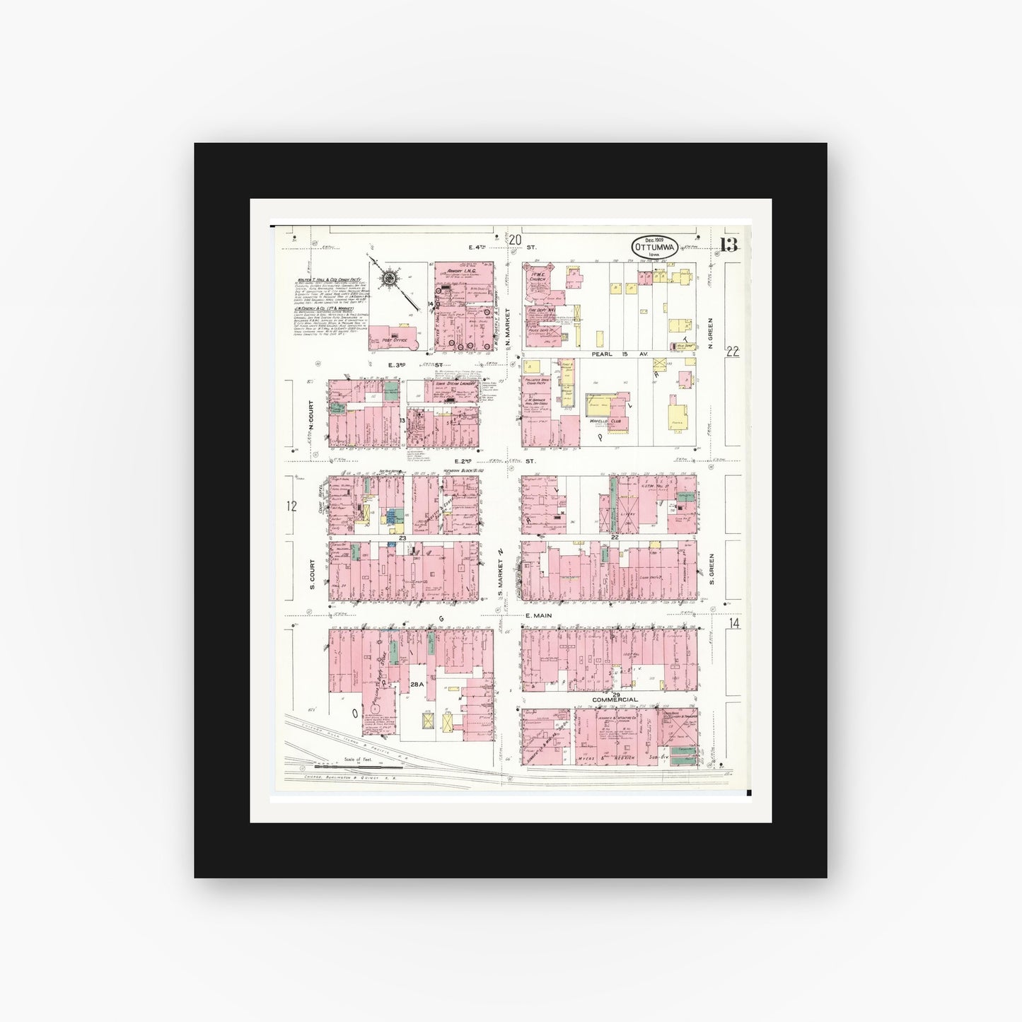 Old map wall art mockup — black gallery frame with white mat — Sanborn Fire Insurance Map from Ottumwa, Wapello County, Iowa (1909), Sheet #0013