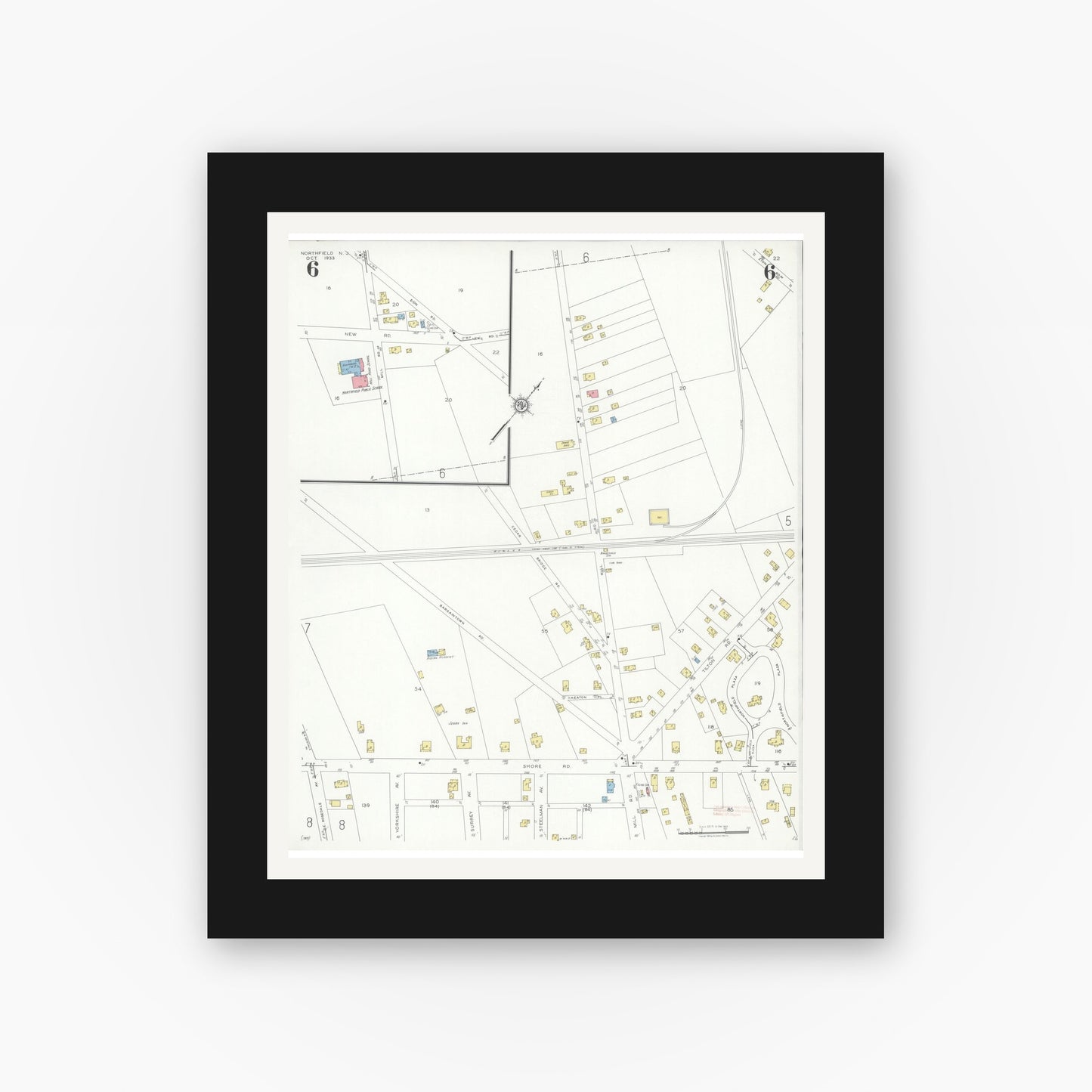 Old map wall art mockup — black gallery frame with white mat — Sanborn Fire Insurance Map from Northfield, Atlantic County, New Jersey (1933), Sheet #0006