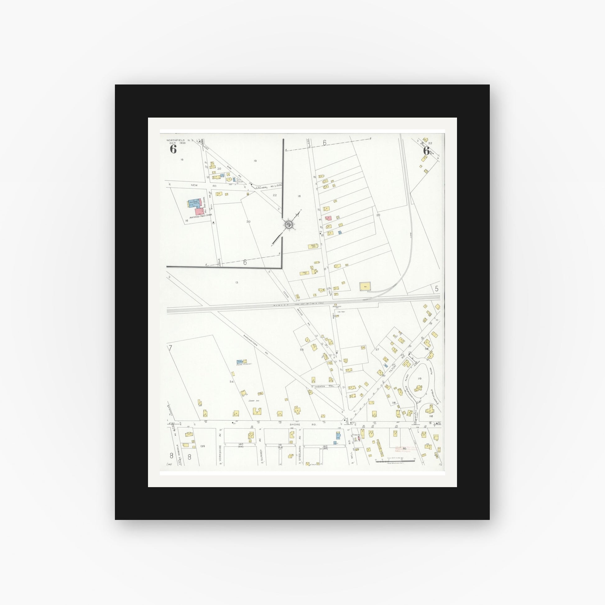 Old map wall art mockup — black gallery frame with white mat — Sanborn Fire Insurance Map from Northfield, Atlantic County, New Jersey (1933), Sheet #0006
