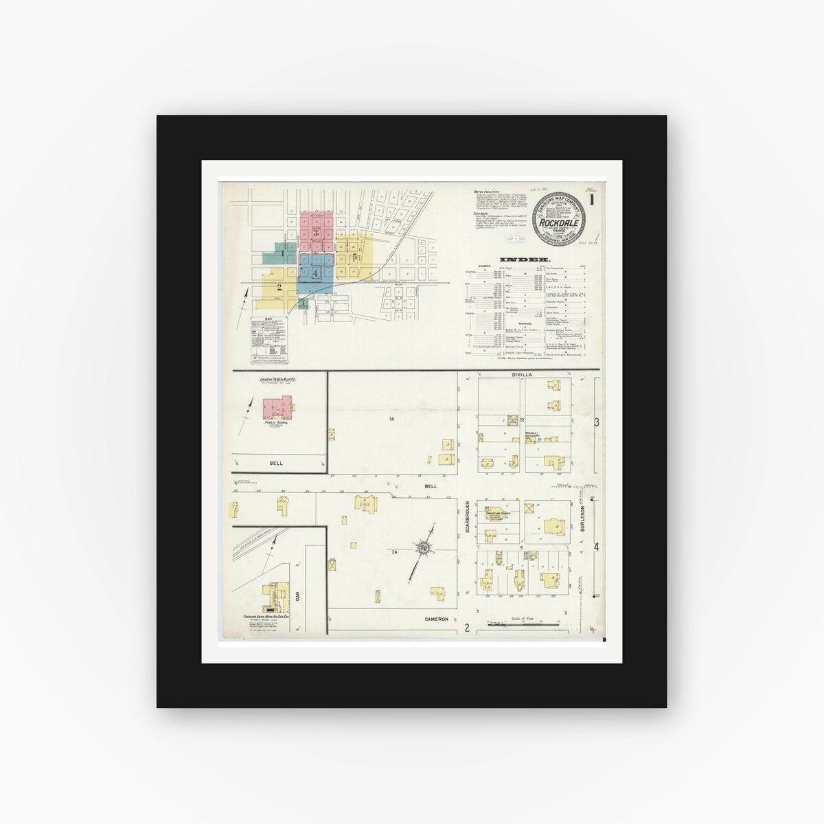 Old map wall art mockup — black gallery frame with white mat — Sanborn Fire Insurance Map from Rockdale, Milam County, Texas (1912) - Complete Map Set