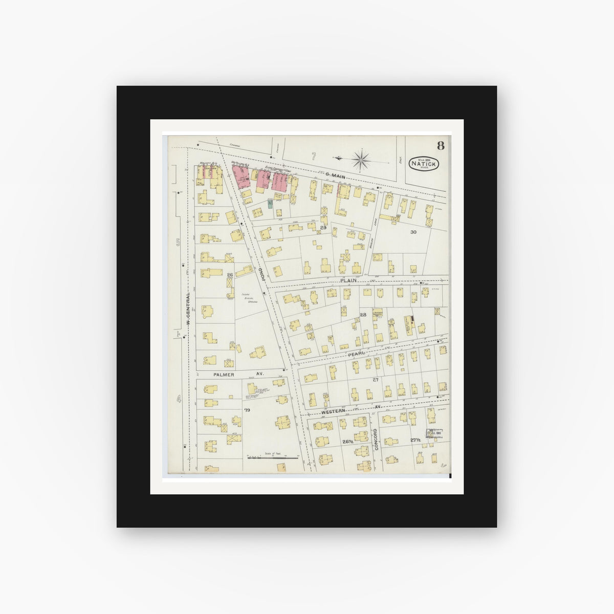 Old map wall art mockup — black gallery frame with white mat — Sanborn Fire Insurance Map from Natick, Middlesex County, Massachusetts (1894), Sheet #0008