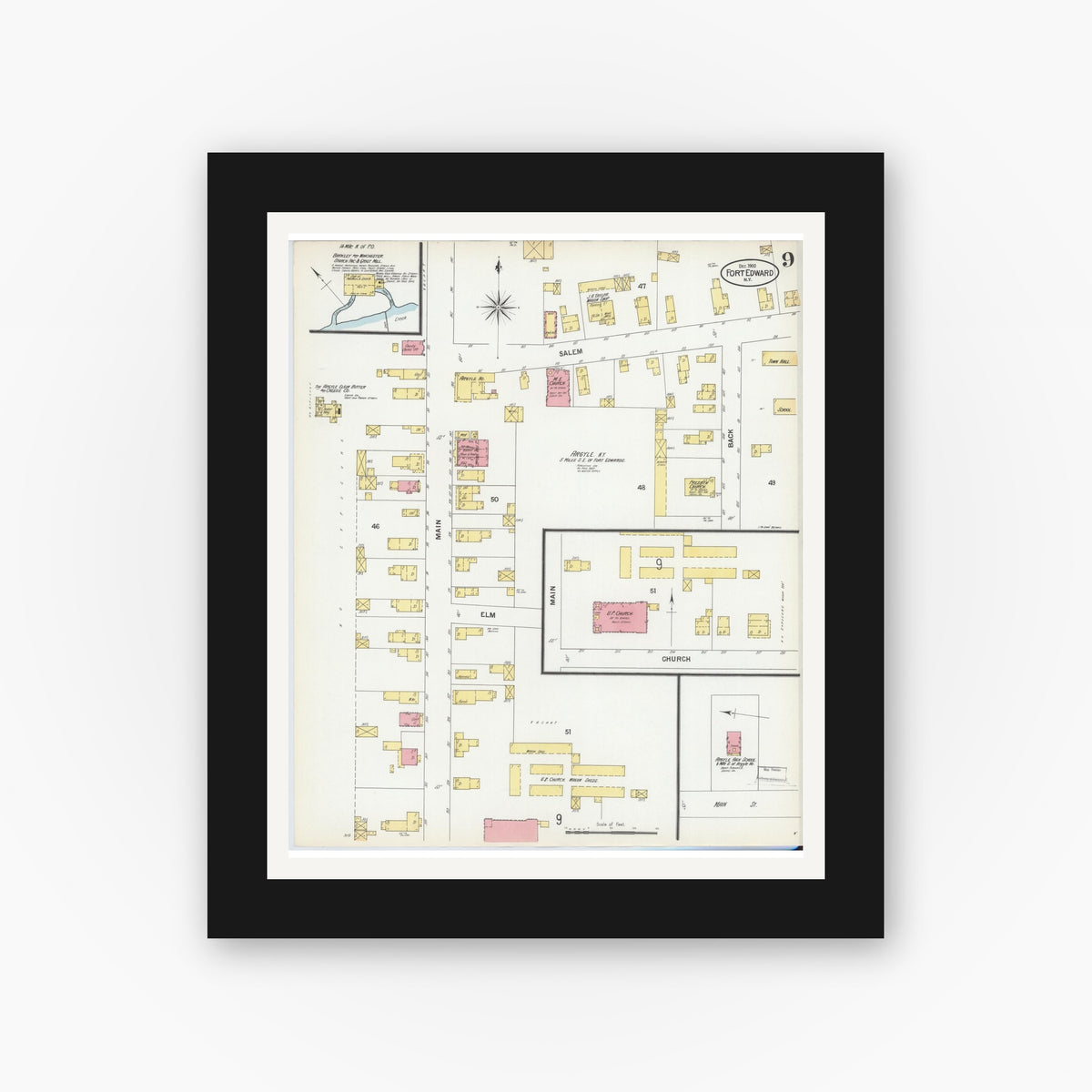 Old map wall art mockup — black gallery frame with white mat — Sanborn Fire Insurance Map from Fort Edward, Washington County, New York (1900), Sheet #0009