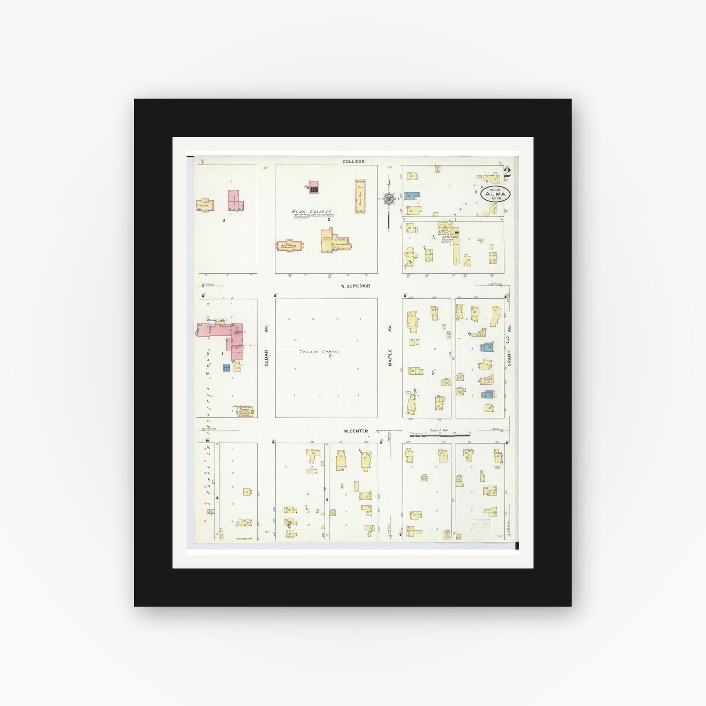 Old map wall art mockup — black gallery frame with white mat — Sanborn Fire Insurance Map from Alma, Gratiot County, Michigan (1910), Sheet #0002