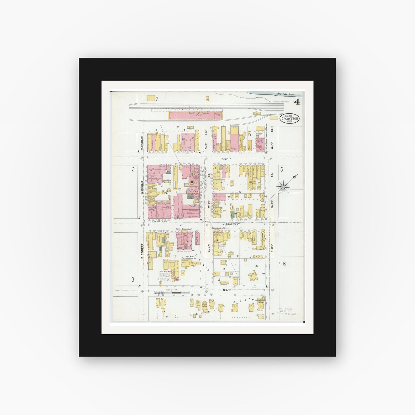 Old map wall art mockup — black gallery frame with white mat — Sanborn Fire Insurance Map from Crookston, Polk County, Minnesota (1900), Sheet #0004