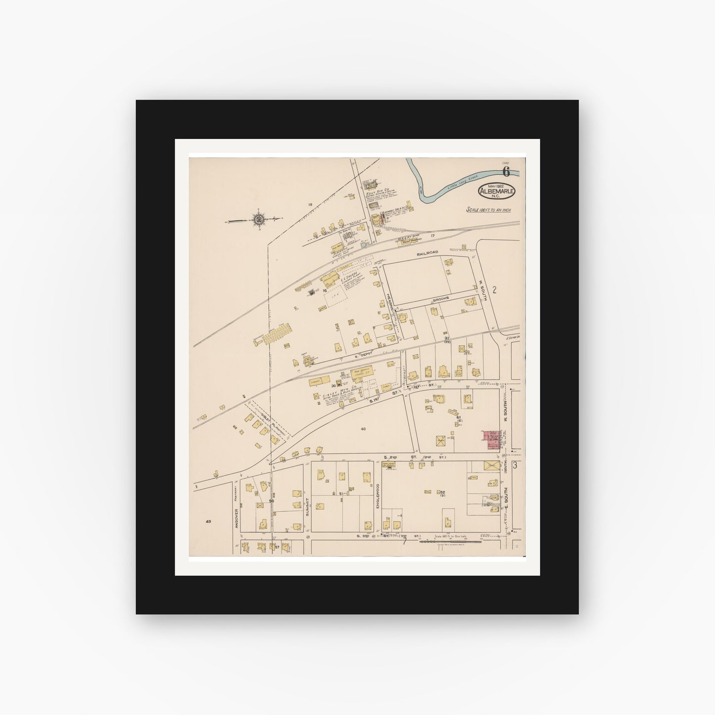 Old map wall art mockup — black gallery frame with white mat — Sanborn Fire Insurance Map from Albemarle, Stanley County, North Carolina (1922), Sheet #0006