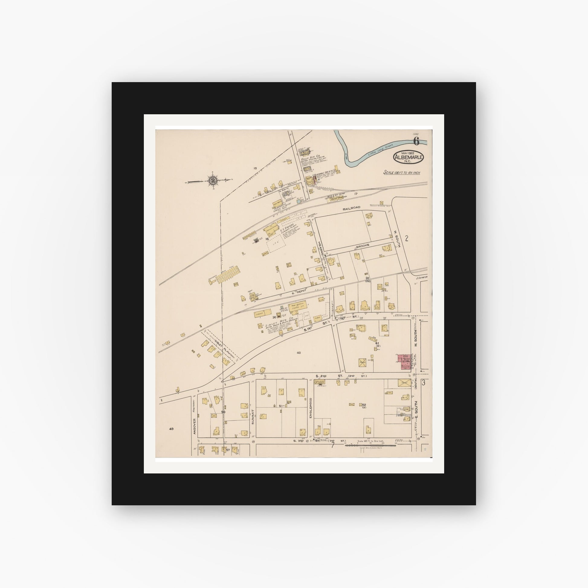 Old map wall art mockup — black gallery frame with white mat — Sanborn Fire Insurance Map from Albemarle, Stanley County, North Carolina (1922), Sheet #0006