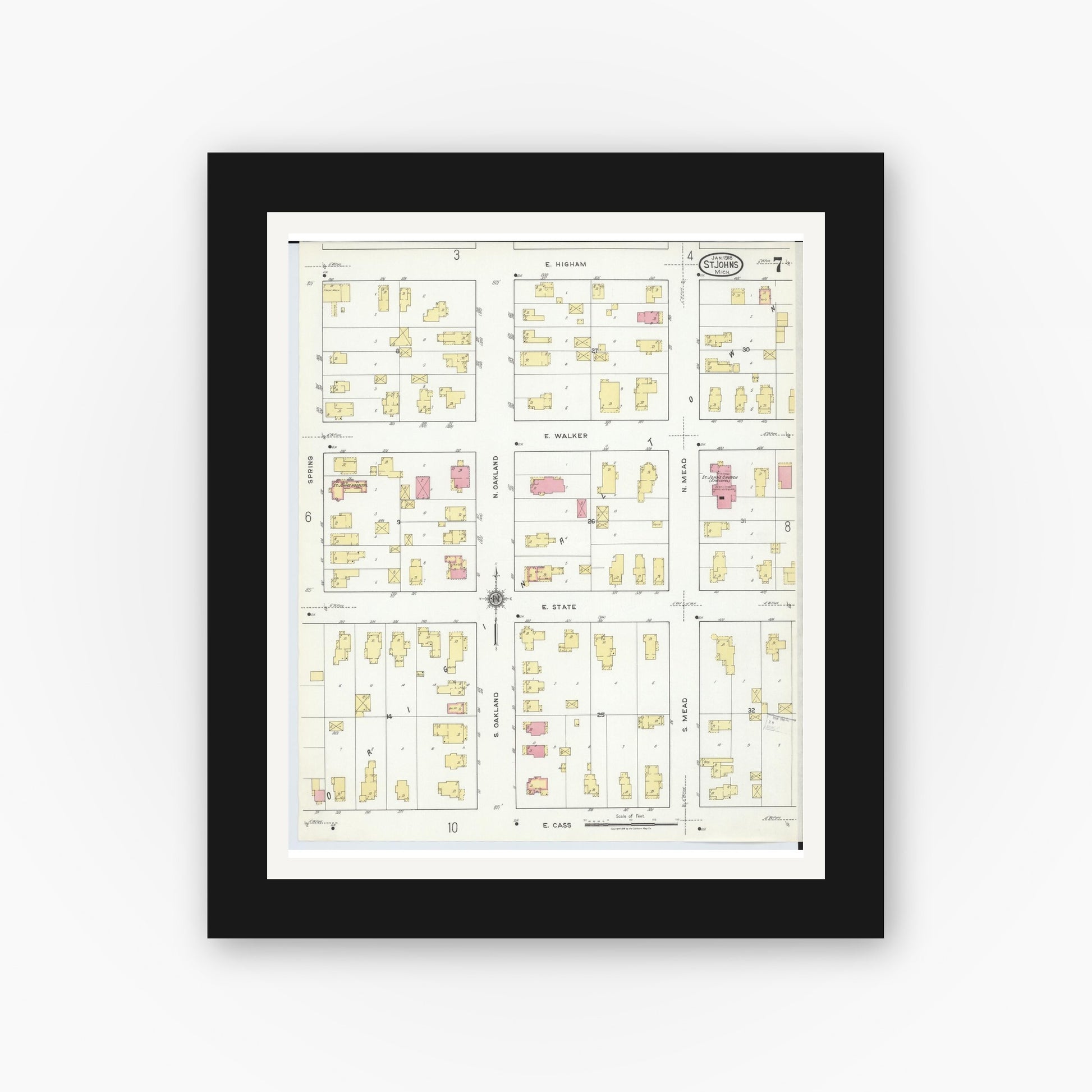 Old map wall art mockup — black gallery frame with white mat — Sanborn Fire Insurance Map from Saint Johns, Clinton County, Michigan (1918), Sheet #0007