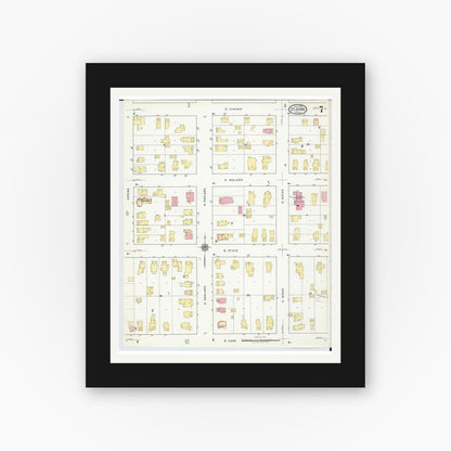 Old map wall art mockup — black gallery frame with white mat — Sanborn Fire Insurance Map from Saint Johns, Clinton County, Michigan (1918), Sheet #0007