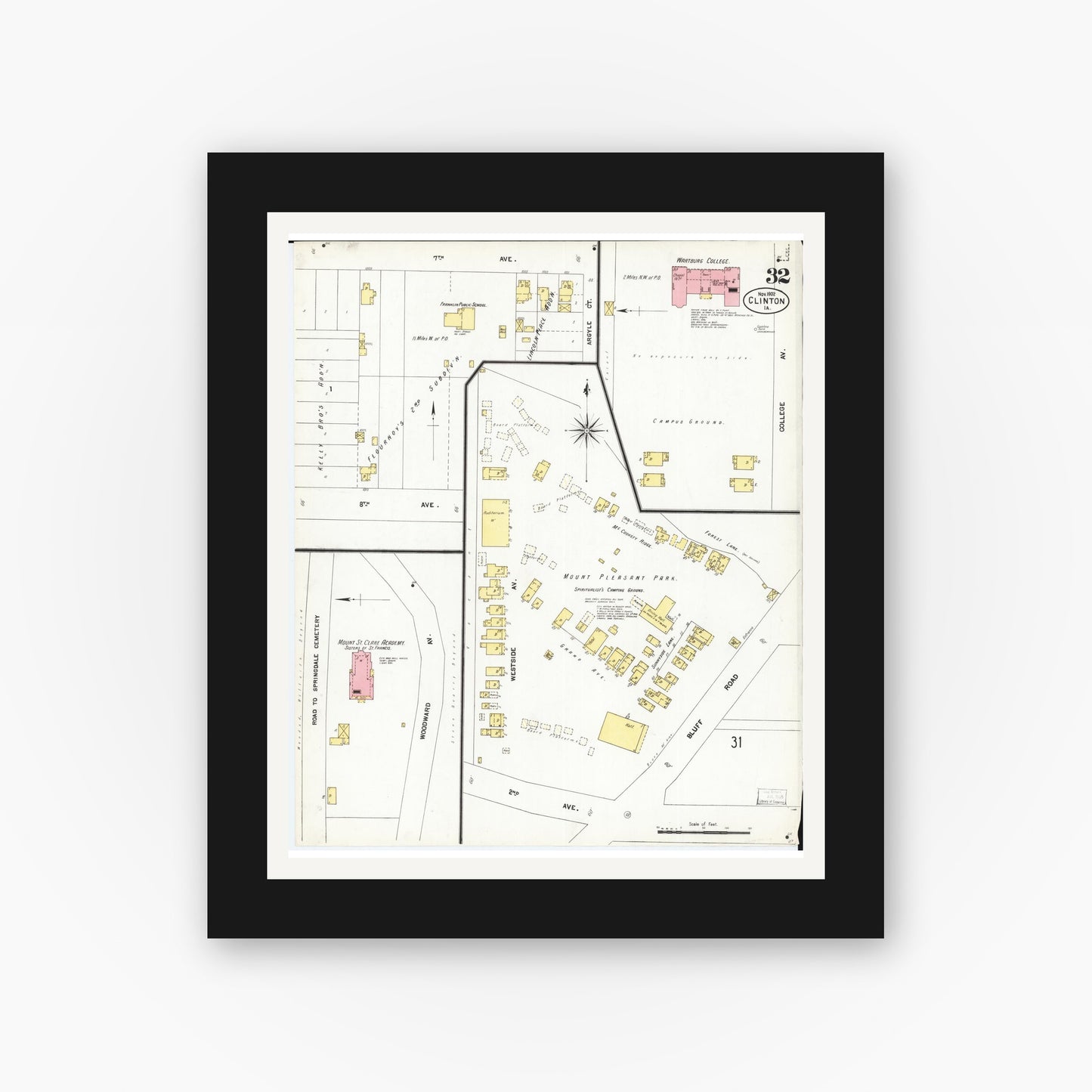 Old map wall art mockup — black gallery frame with white mat — Sanborn Fire Insurance Map from Clinton, Clinton County, Iowa (1902), Sheet #0032