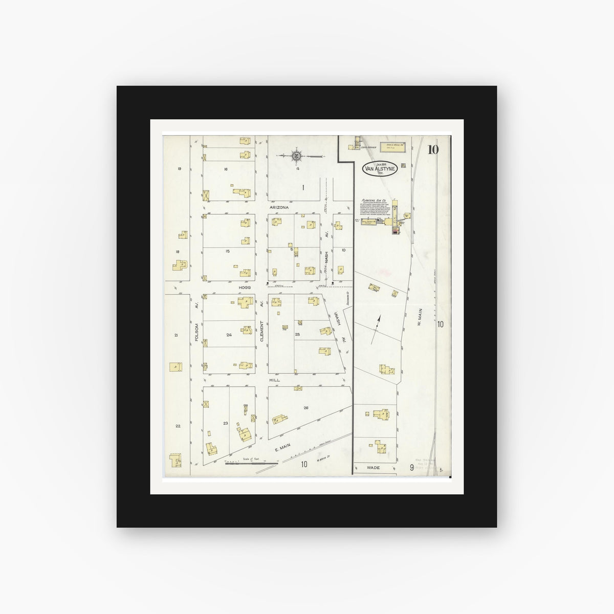Old map wall art mockup — black gallery frame with white mat — Sanborn Fire Insurance Map from Van Alstyne, Grayson County, Texas (1914), Sheet #0010