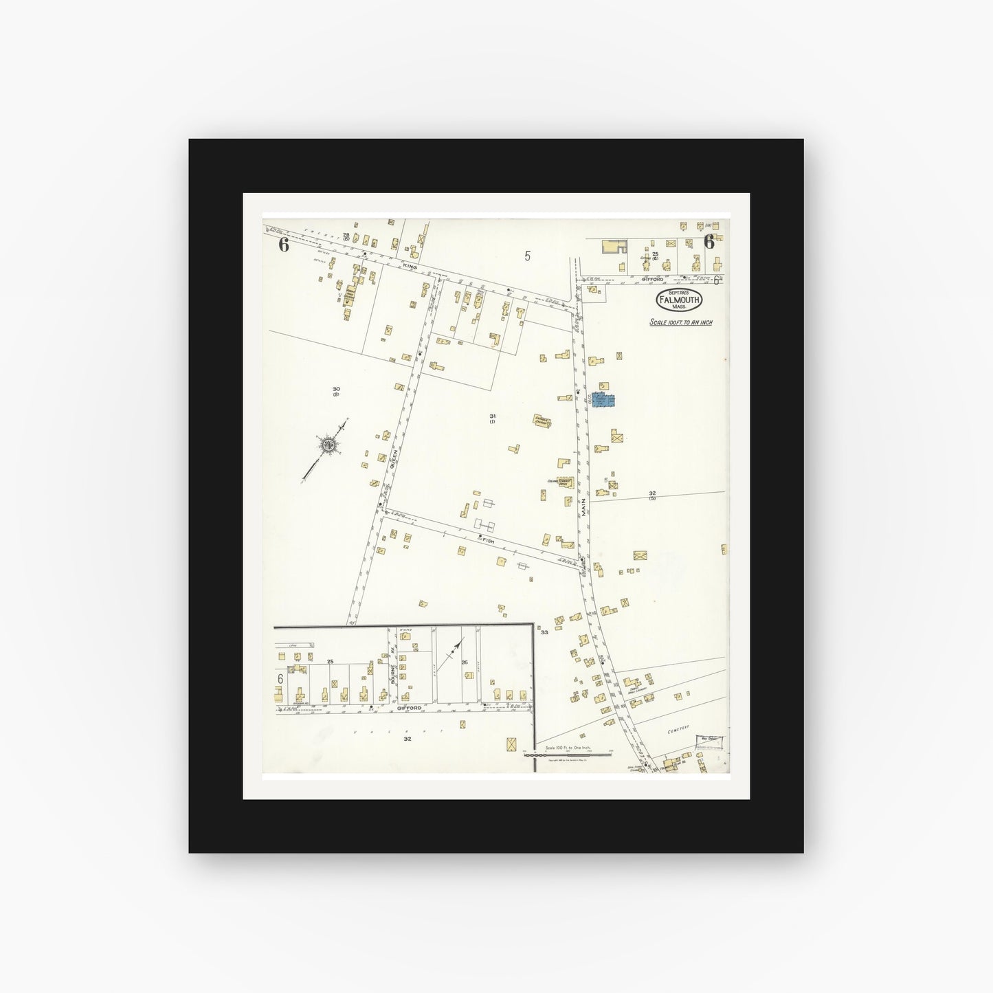 Old map wall art mockup — black gallery frame with white mat — Sanborn Fire Insurance Map from Falmouth, Barnstable County, Massachusetts (1923), Sheet #0006
