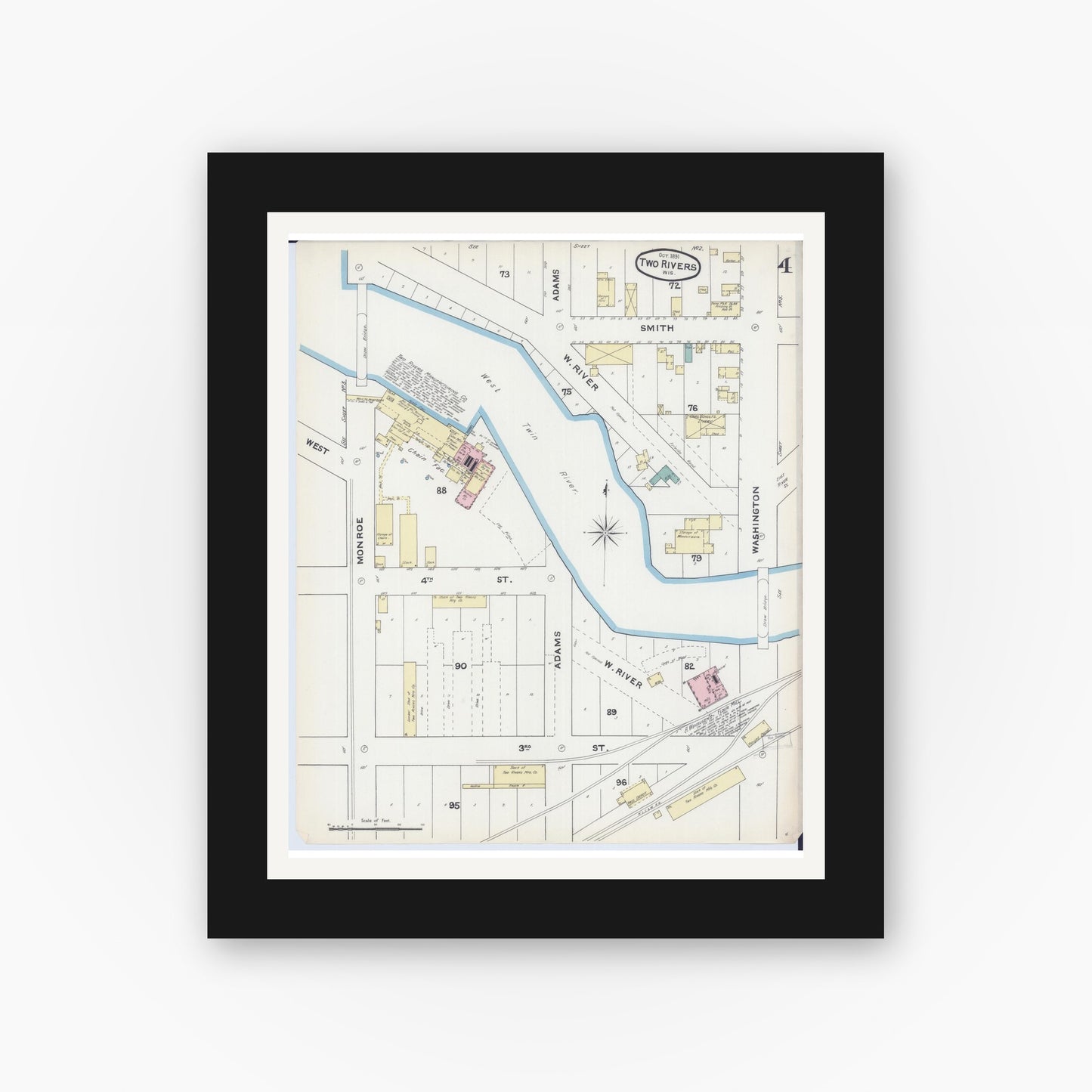 Old map wall art mockup — black gallery frame with white mat — Sanborn Fire Insurance Map from Two Rivers, Manitowoc County, Wisconsin (1891), Sheet #0004