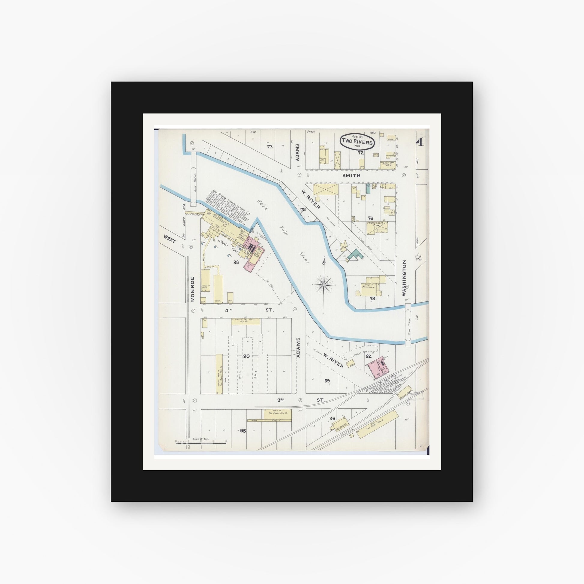 Old map wall art mockup — black gallery frame with white mat — Sanborn Fire Insurance Map from Two Rivers, Manitowoc County, Wisconsin (1891), Sheet #0004