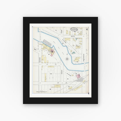 Old map wall art mockup — black gallery frame with white mat — Sanborn Fire Insurance Map from Two Rivers, Manitowoc County, Wisconsin (1891), Sheet #0004