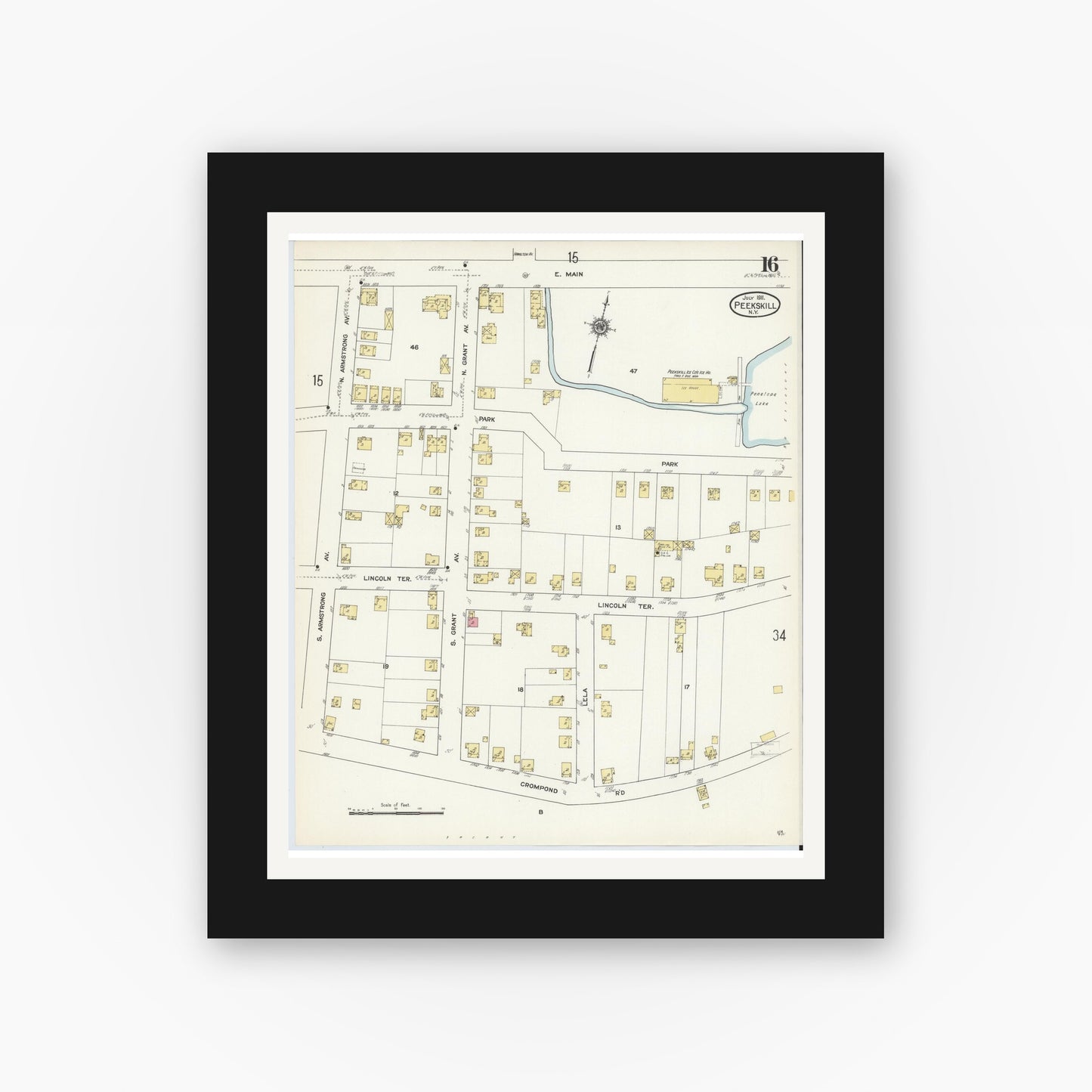 Old map wall art mockup — black gallery frame with white mat — Sanborn Fire Insurance Map from Peekskill, Westchester County, New York (1911), Sheet #0016