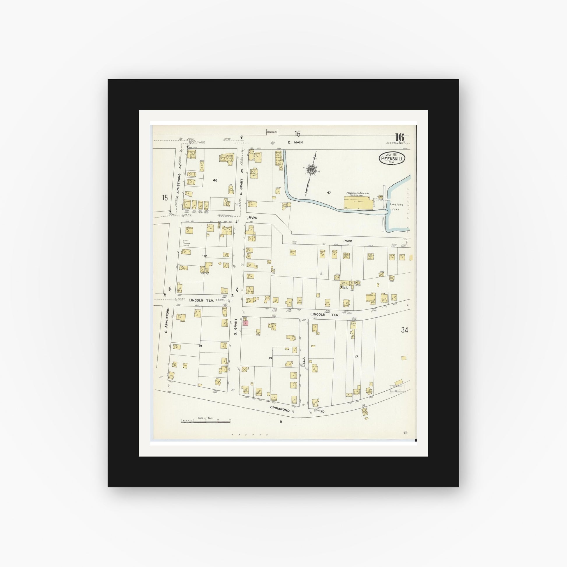 Old map wall art mockup — black gallery frame with white mat — Sanborn Fire Insurance Map from Peekskill, Westchester County, New York (1911), Sheet #0016