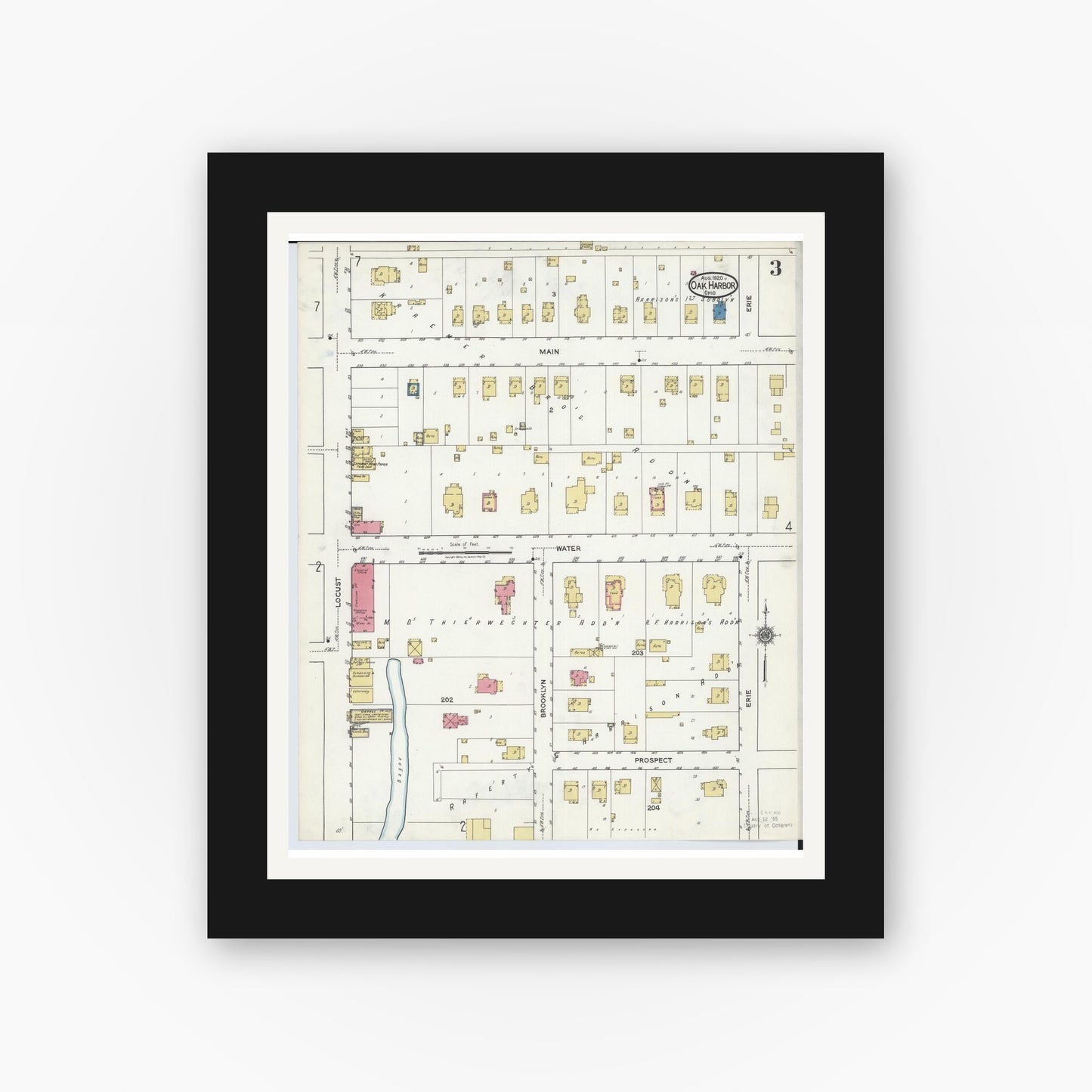 Old map wall art mockup — black gallery frame with white mat — Sanborn Fire Insurance Map from Oak Harbor, Ottawa County, Ohio (1920), Sheet #0003