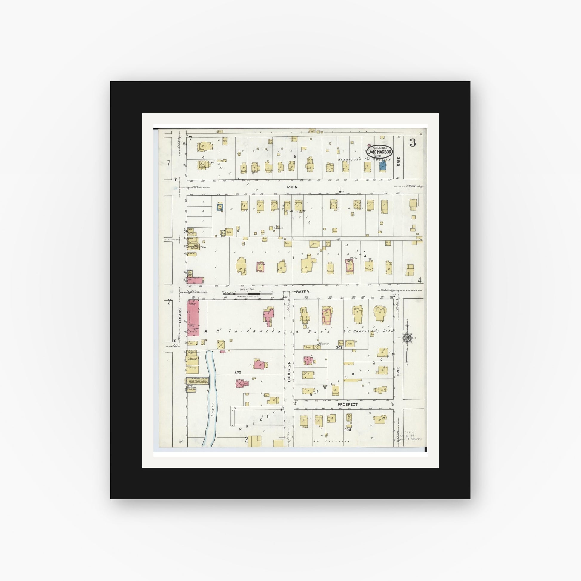 Old map wall art mockup — black gallery frame with white mat — Sanborn Fire Insurance Map from Oak Harbor, Ottawa County, Ohio (1920), Sheet #0003