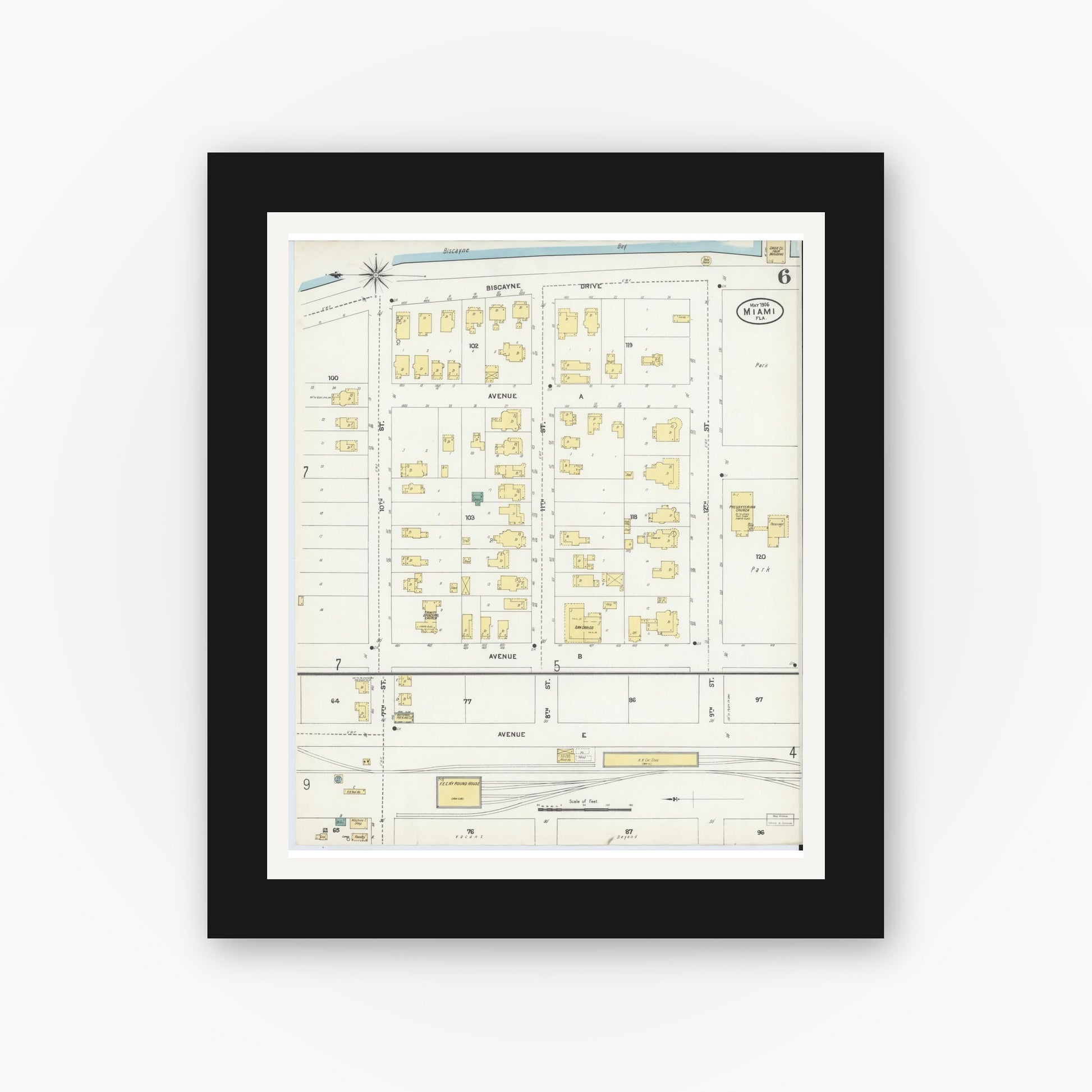 Old map wall art mockup — black gallery frame with white mat — Sanborn Fire Insurance Map from Miami, Dade County, Florida (1906), Sheet #0006