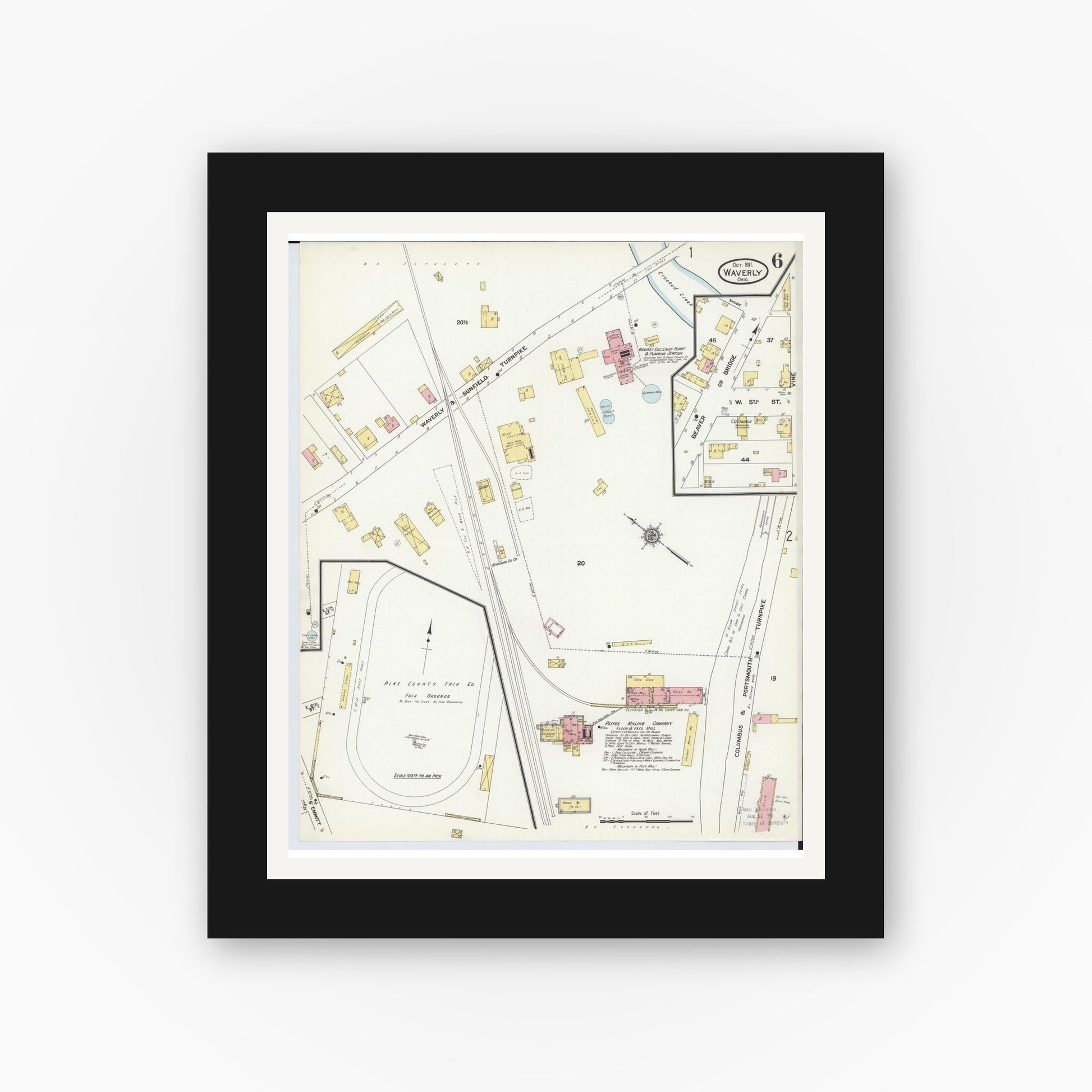 Old map wall art mockup — black gallery frame with white mat — Sanborn Fire Insurance Map from Waverly, Pike County, Ohio (1911), Sheet #0006