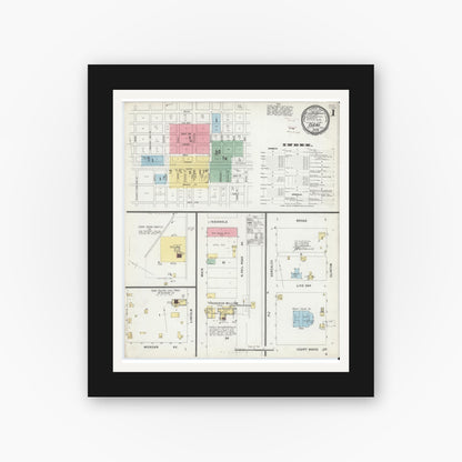 Old map wall art mockup — black gallery frame with white mat — Sanborn Fire Insurance Map from Cuero, De Witt County, Texas (1896), Sheet #0001