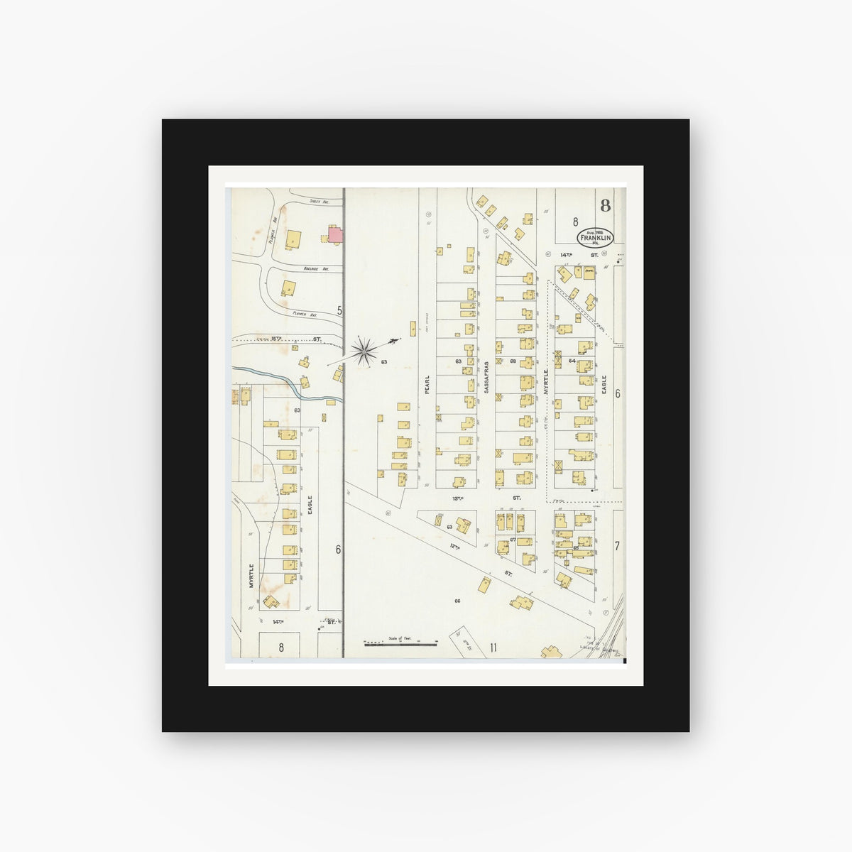 Old map wall art mockup — black gallery frame with white mat — Sanborn Fire Insurance Map from Franklin, Venango County, Pennsylvania (1906), Sheet #0008