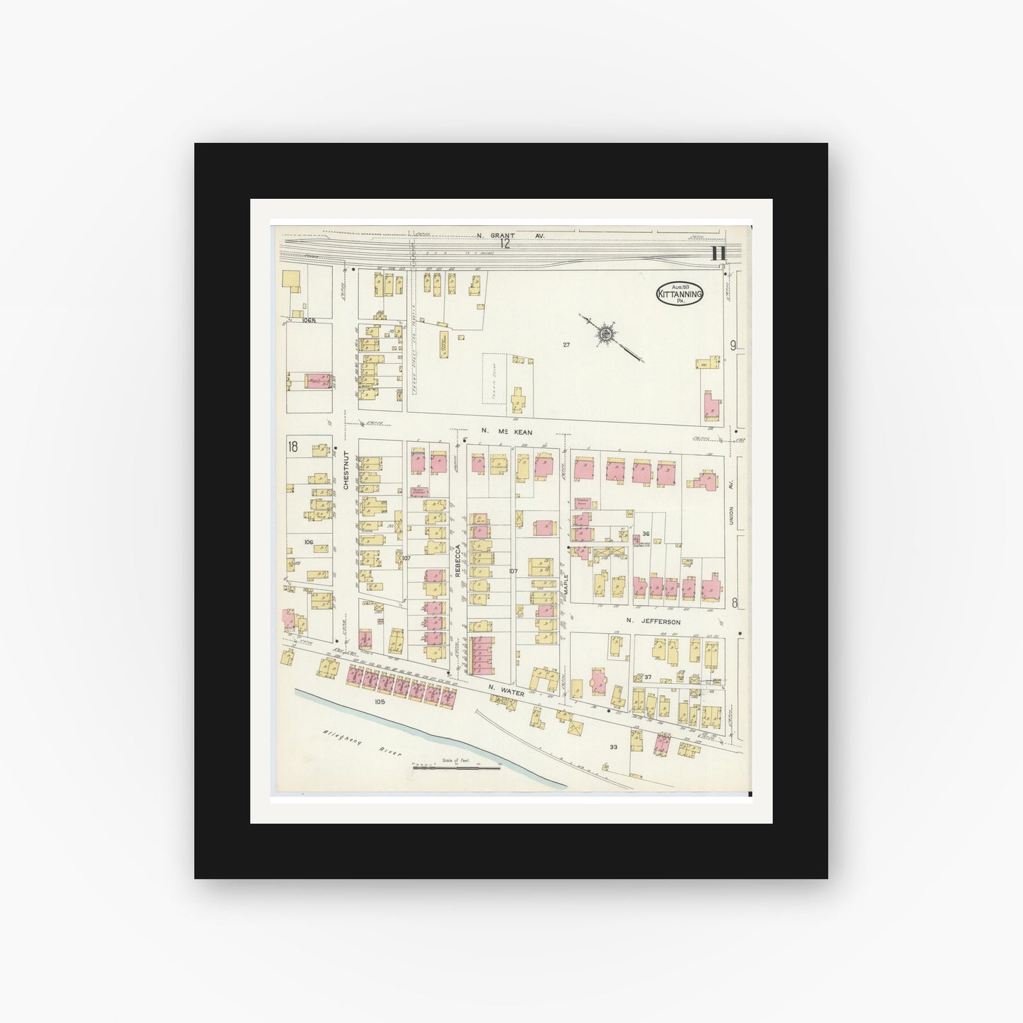 Old map wall art mockup — black gallery frame with white mat — Sanborn Fire Insurance Map from Kittanning, Armstrong County, Pennsylvania (1913), Sheet #0011