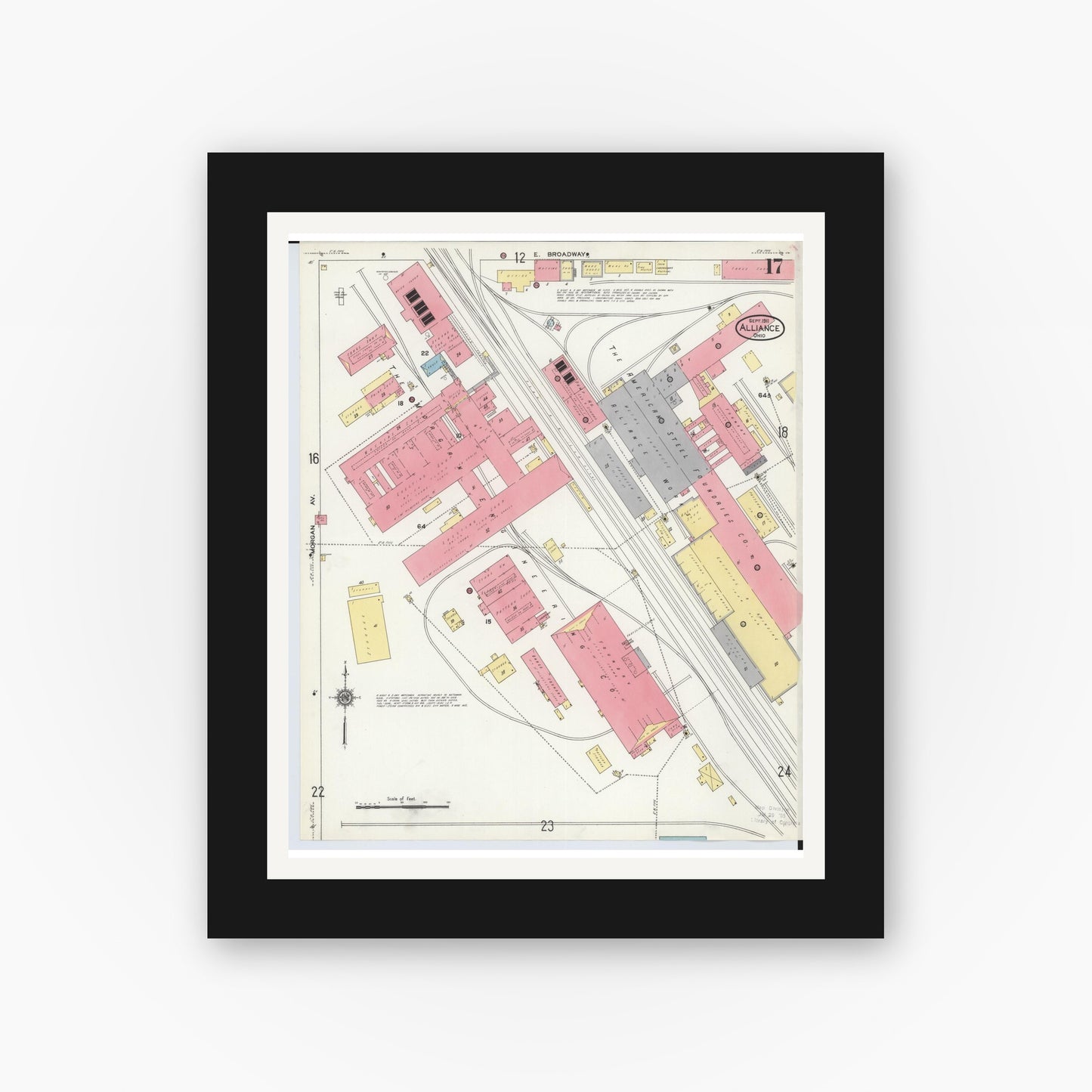 Old map wall art mockup — black gallery frame with white mat — Sanborn Fire Insurance Map from Alliance, Stark County, Ohio (1911), Sheet #0017