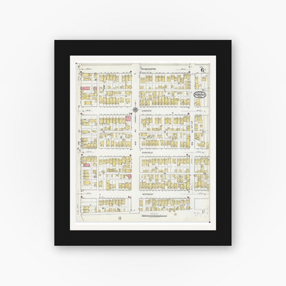 Old map wall art mockup — black gallery frame with white mat — Sanborn Fire Insurance Map from Hibbing, Saint Louis County, Minnesota (1921), Sheet #0006