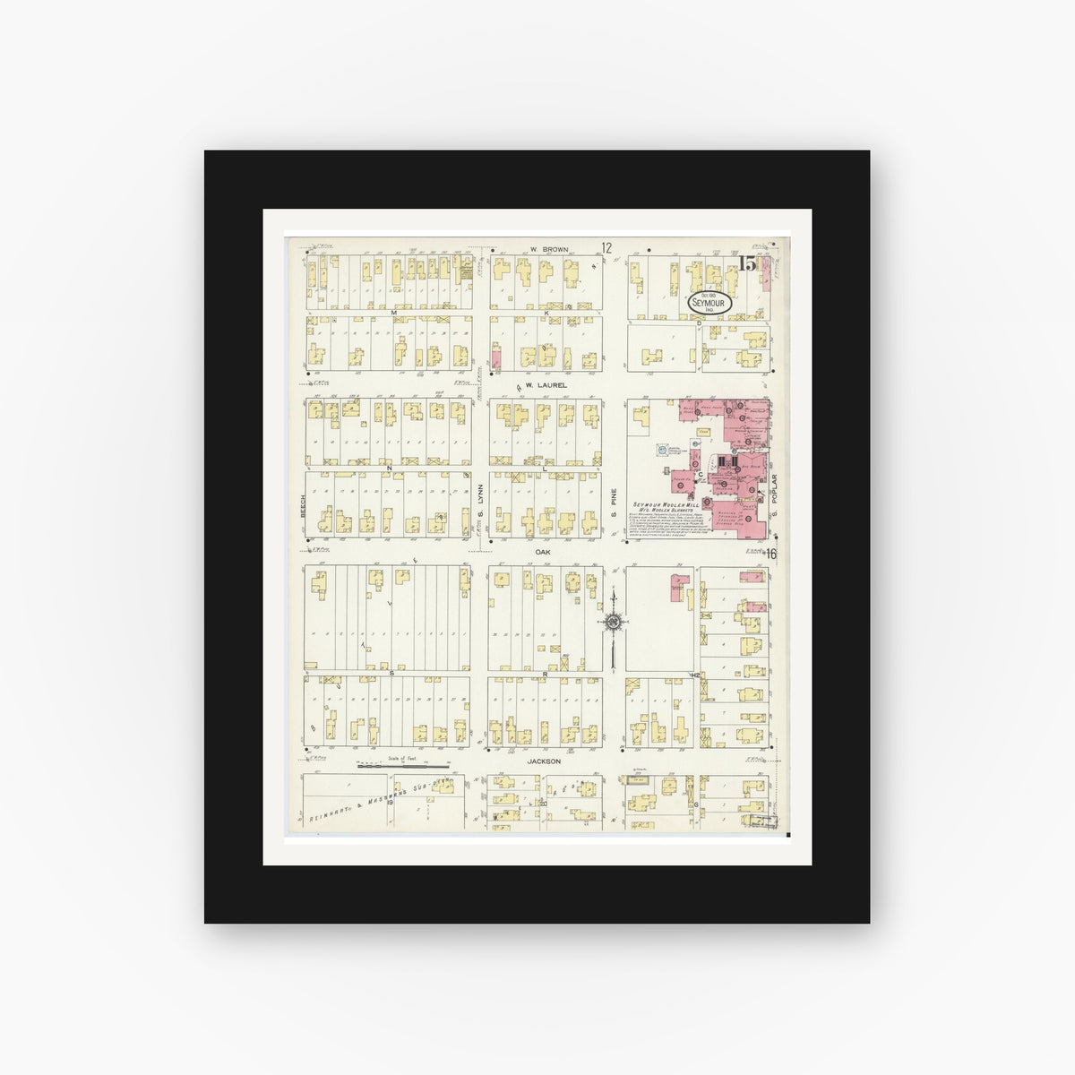 Old map wall art mockup — black gallery frame with white mat — Sanborn Fire Insurance Map from Seymour, Jackson County, Indiana (1913), Sheet #0015