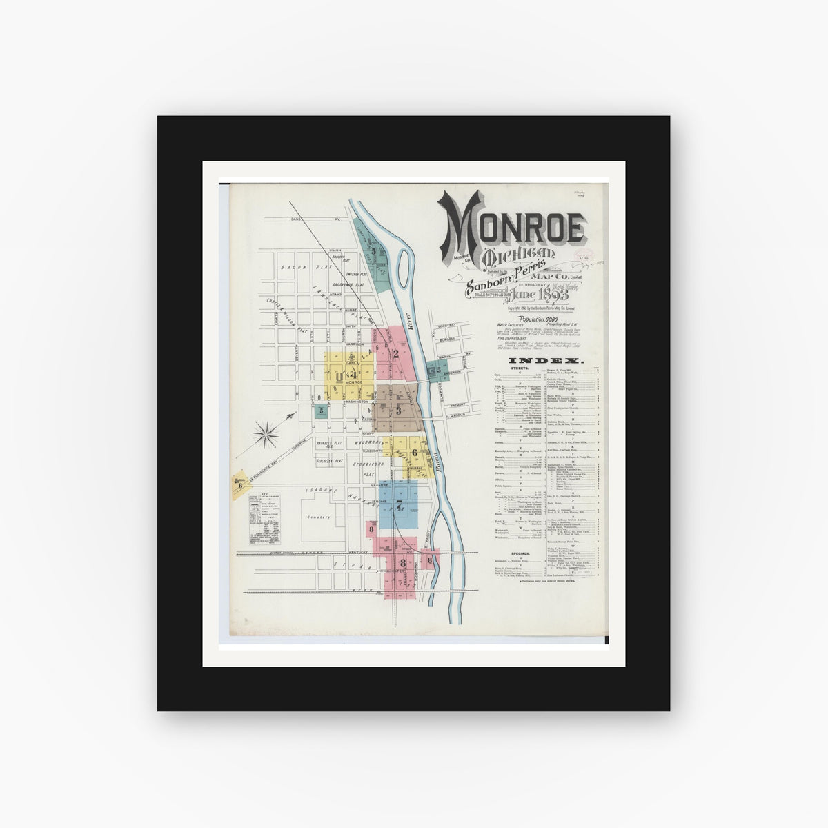 Old map wall art mockup — black gallery frame with white mat — Sanborn Fire Insurance Map from Monroe, Monroe County, Michigan (1893), Sheet #0001