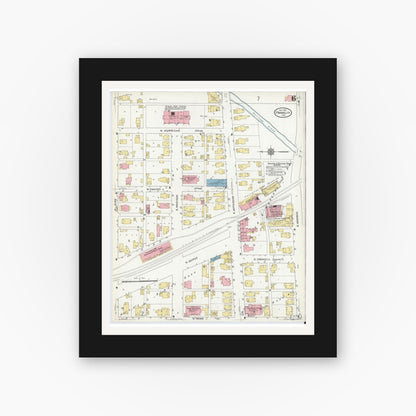 Old map wall art mockup — black gallery frame with white mat — Sanborn Fire Insurance Map from Franklin, Johnson County, Indiana (1910), Sheet #0006