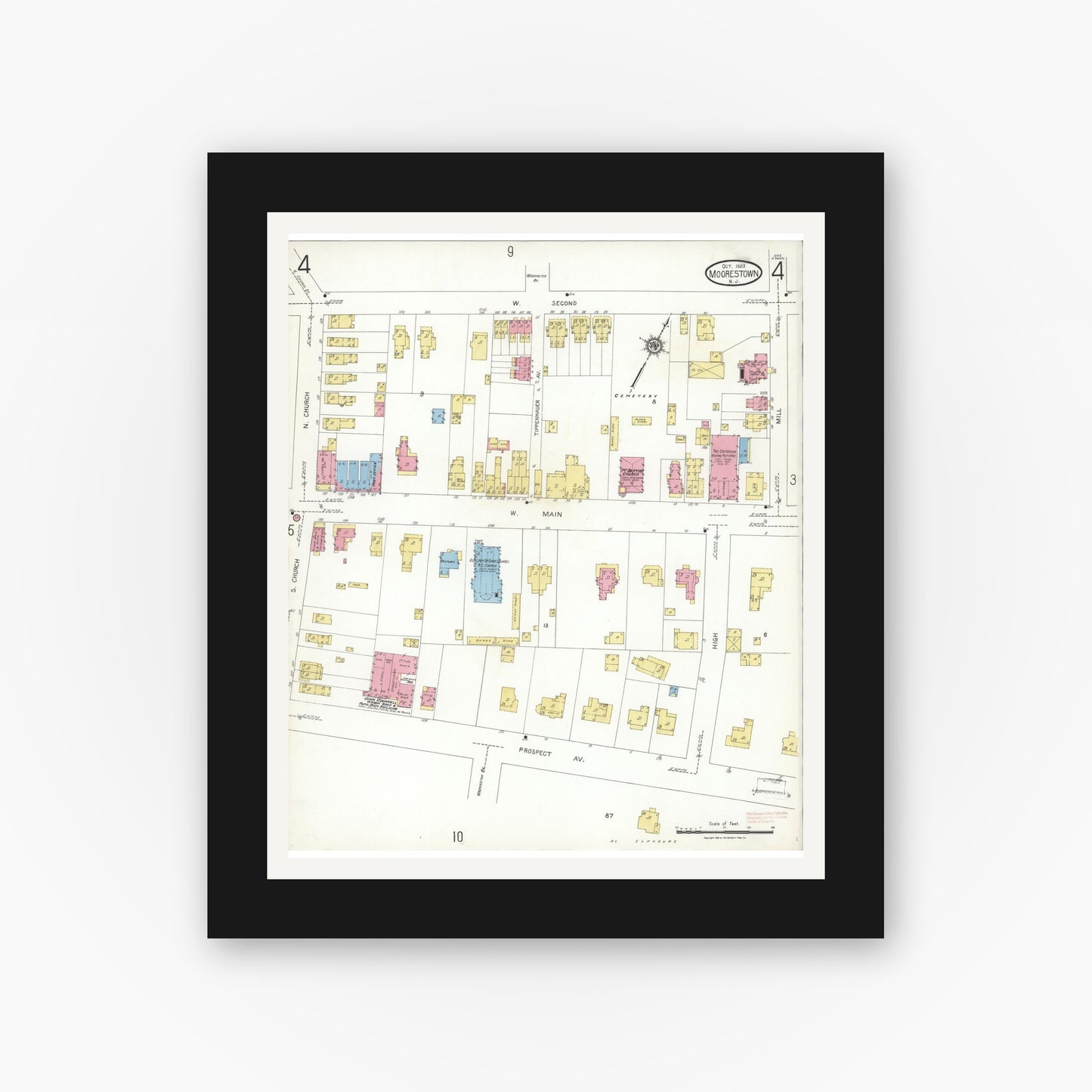 Old map wall art mockup — black gallery frame with white mat — Sanborn Fire Insurance Map from Moorestown, Burlington County, New Jersey (1923), Sheet #0004