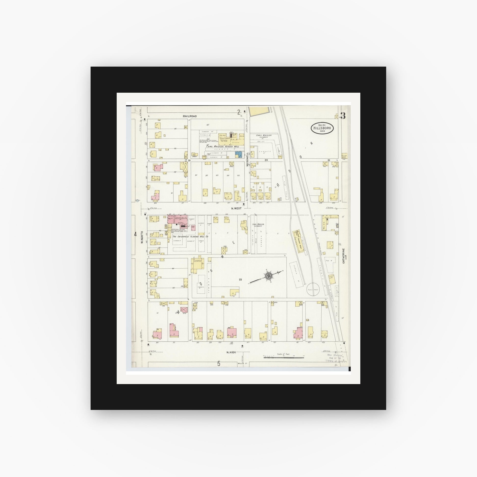 Old map wall art mockup — black gallery frame with white mat — Sanborn Fire Insurance Map from Hillsboro, Highland County, Ohio (1911), Sheet #0003