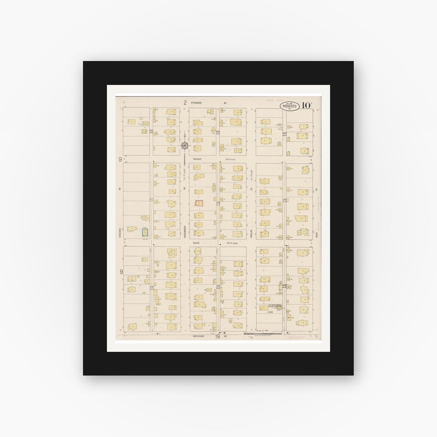 Old map wall art mockup — black gallery frame with white mat — Sanborn Fire Insurance Map from Modesto, Stanislaus County, California (1919), Sheet #0010