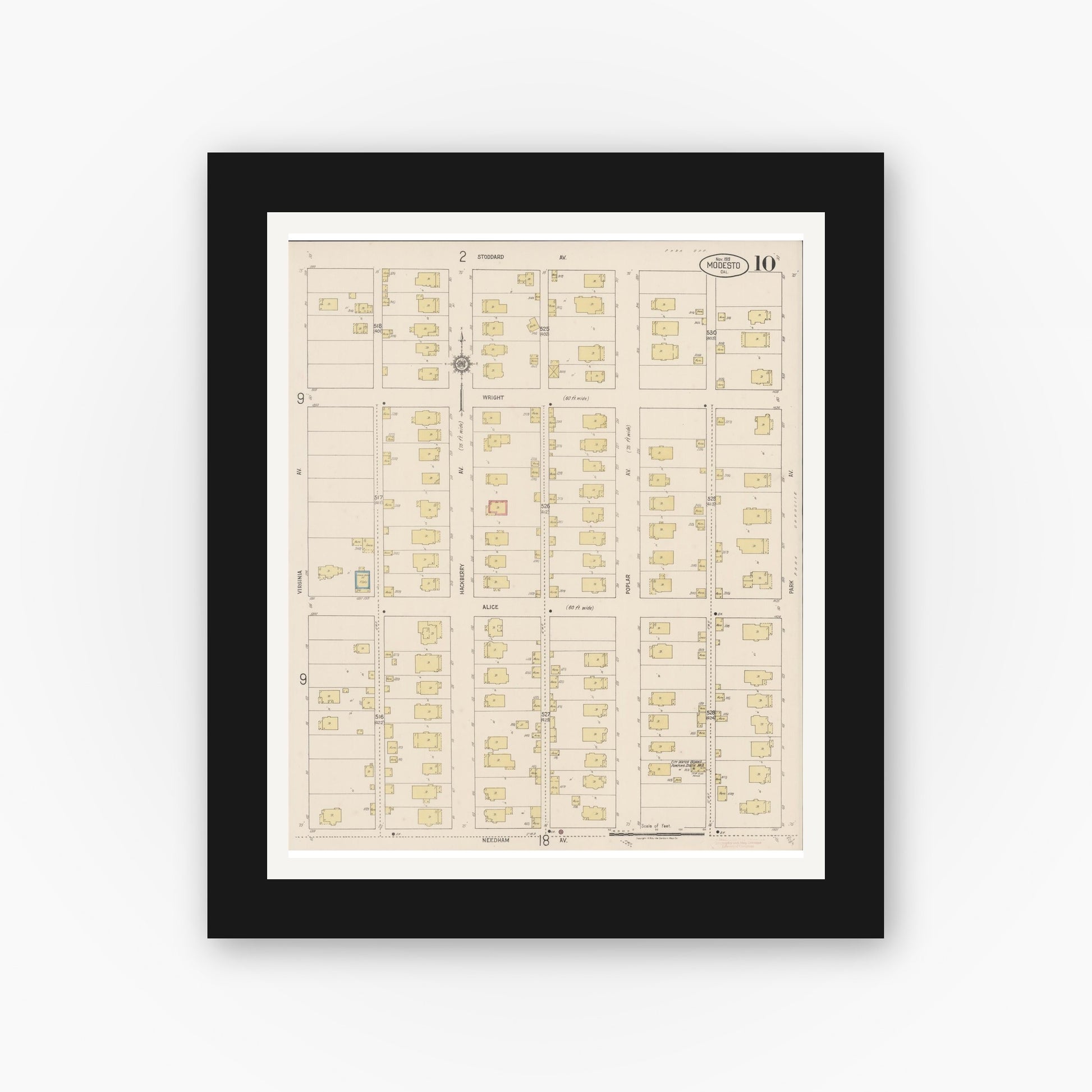 Old map wall art mockup — black gallery frame with white mat — Sanborn Fire Insurance Map from Modesto, Stanislaus County, California (1919), Sheet #0010