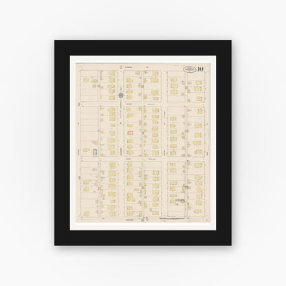 Old map wall art mockup — black gallery frame with white mat — Sanborn Fire Insurance Map from Modesto, Stanislaus County, California (1919), Sheet #0010