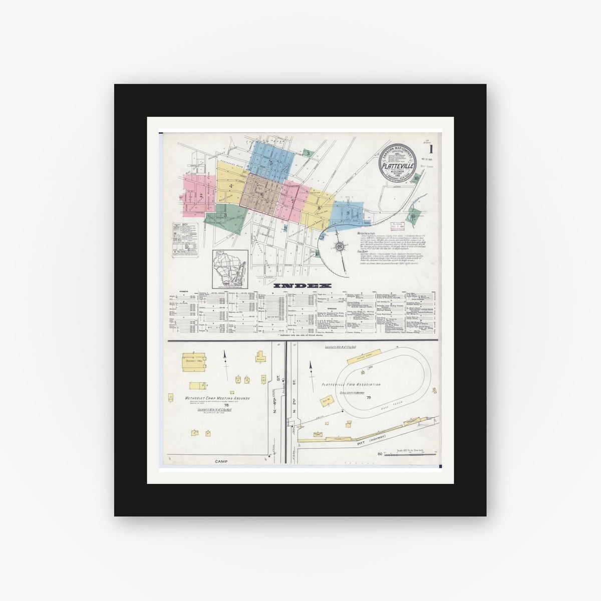 Old map wall art mockup — black gallery frame with white mat — Sanborn Fire Insurance Map from Platteville, Grant County, Wisconsin (1915), Sheet #0001