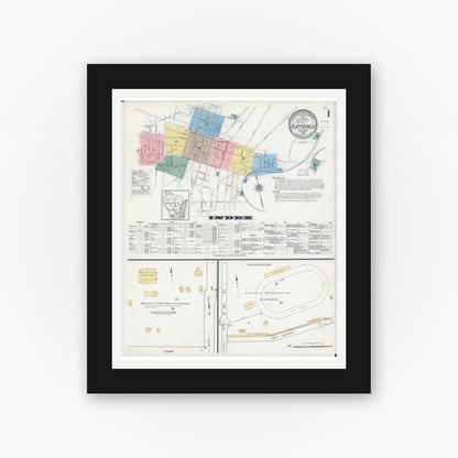 Old map wall art mockup — black gallery frame with white mat — Sanborn Fire Insurance Map from Platteville, Grant County, Wisconsin (1915), Sheet #0001
