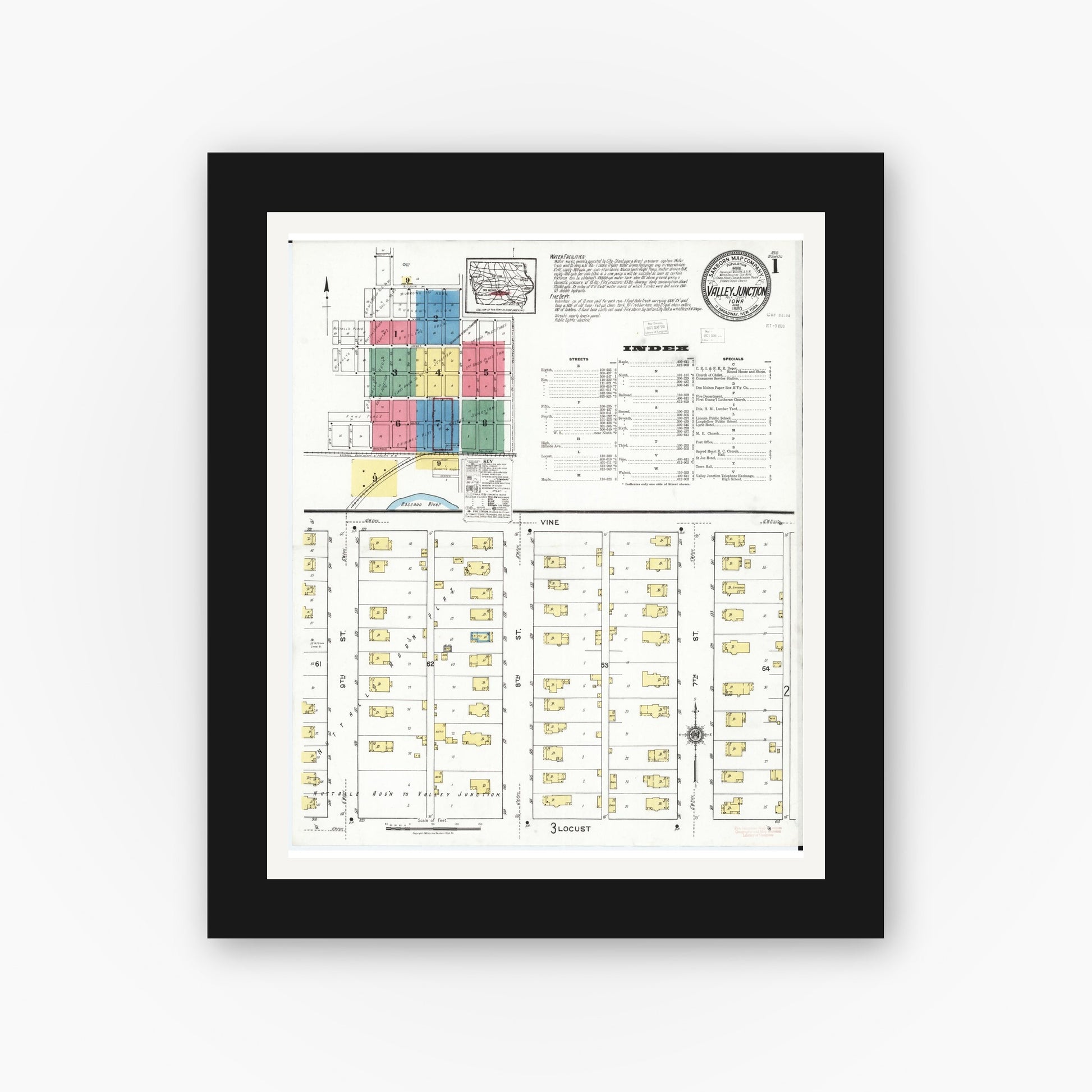 Old map wall art mockup — black gallery frame with white mat — Sanborn Fire Insurance Map from Valley Junction, Polk County, Iowa (1920), Sheet #0001