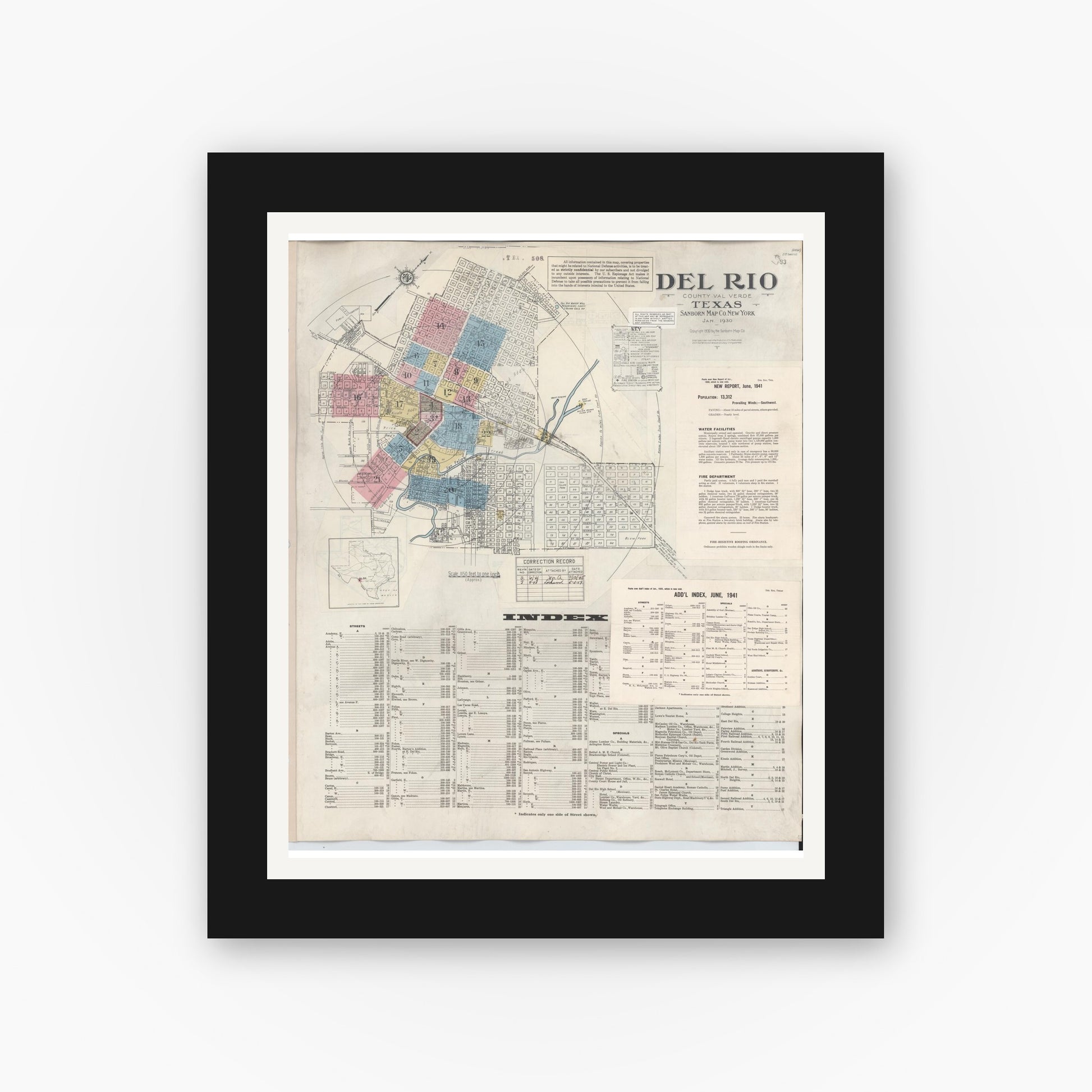 Old map wall art mockup — black gallery frame with white mat — Sanborn Fire Insurance Map from Del Rio, Val Verde County, Texas (1948), Sheet #0001