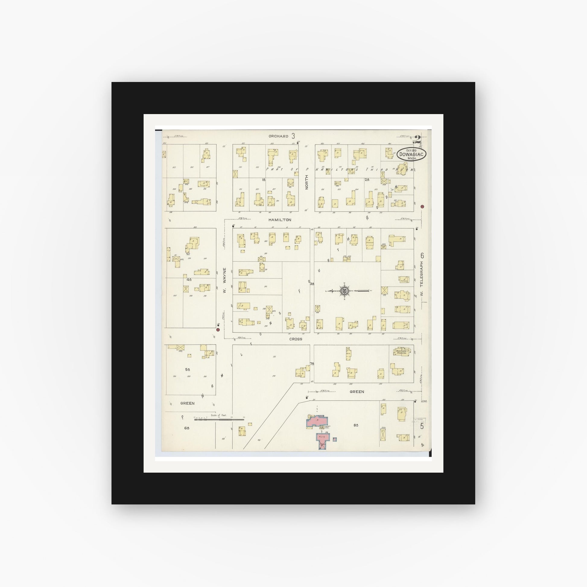 Old map wall art mockup — black gallery frame with white mat — Sanborn Fire Insurance Map from Dowagiac, Cass County, Michigan (1913), Sheet #0002