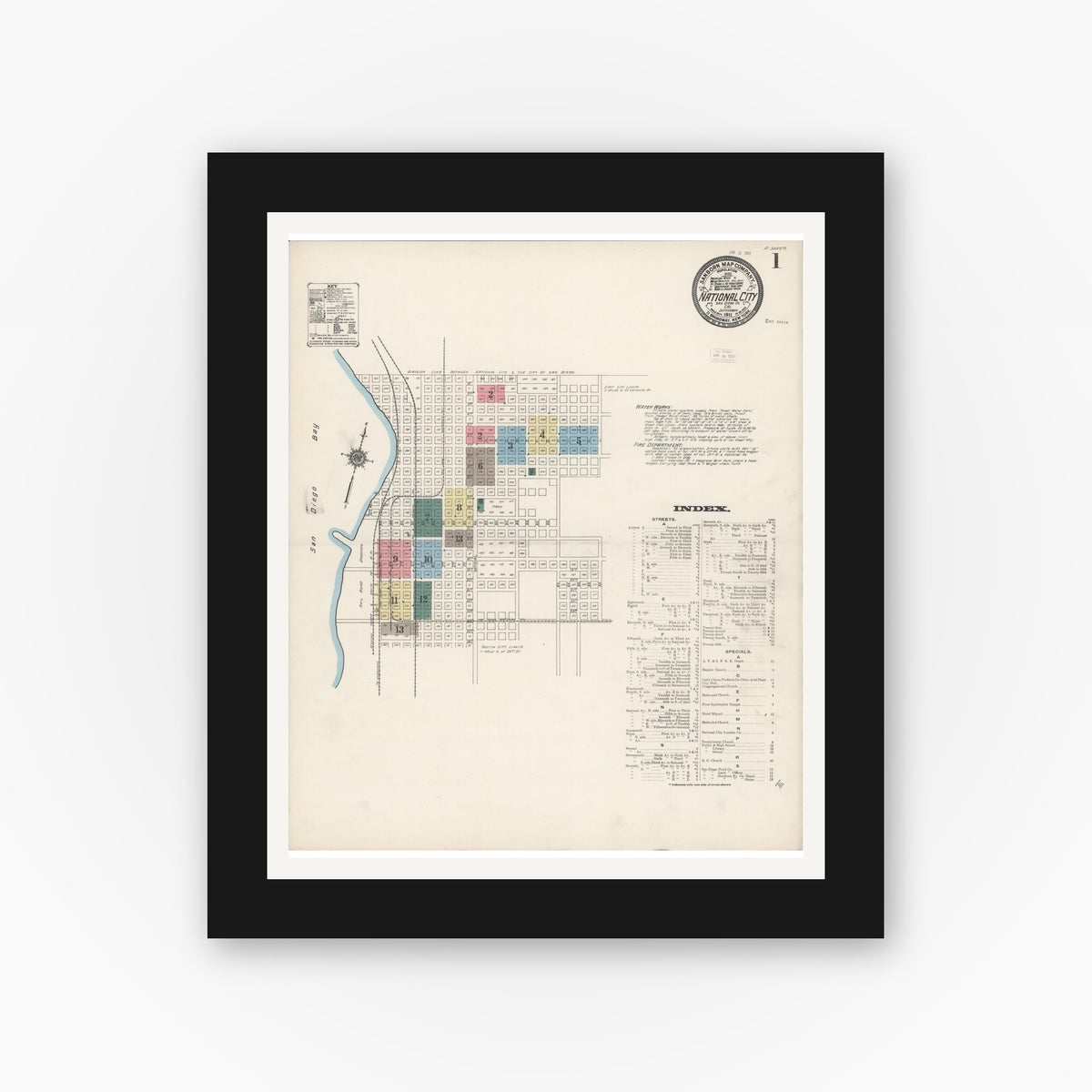 Old map wall art mockup — black gallery frame with white mat — Sanborn Fire Insurance Map from National City, San Diego County, California (1911), Sheet #0001