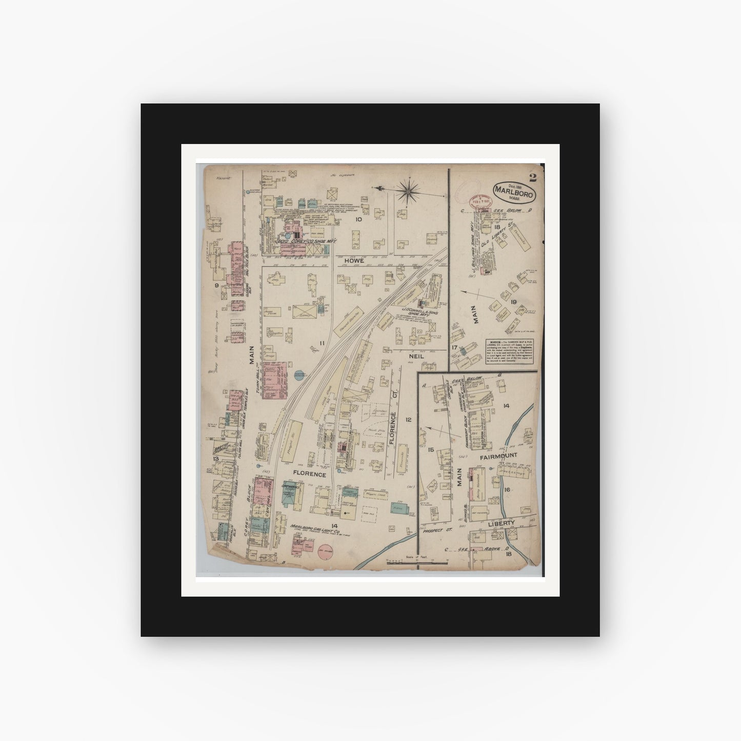 Old map wall art mockup — black gallery frame with white mat — Sanborn Fire Insurance Map from Marlborough, Middlesex  County, Massachusetts (1881), Sheet #0002