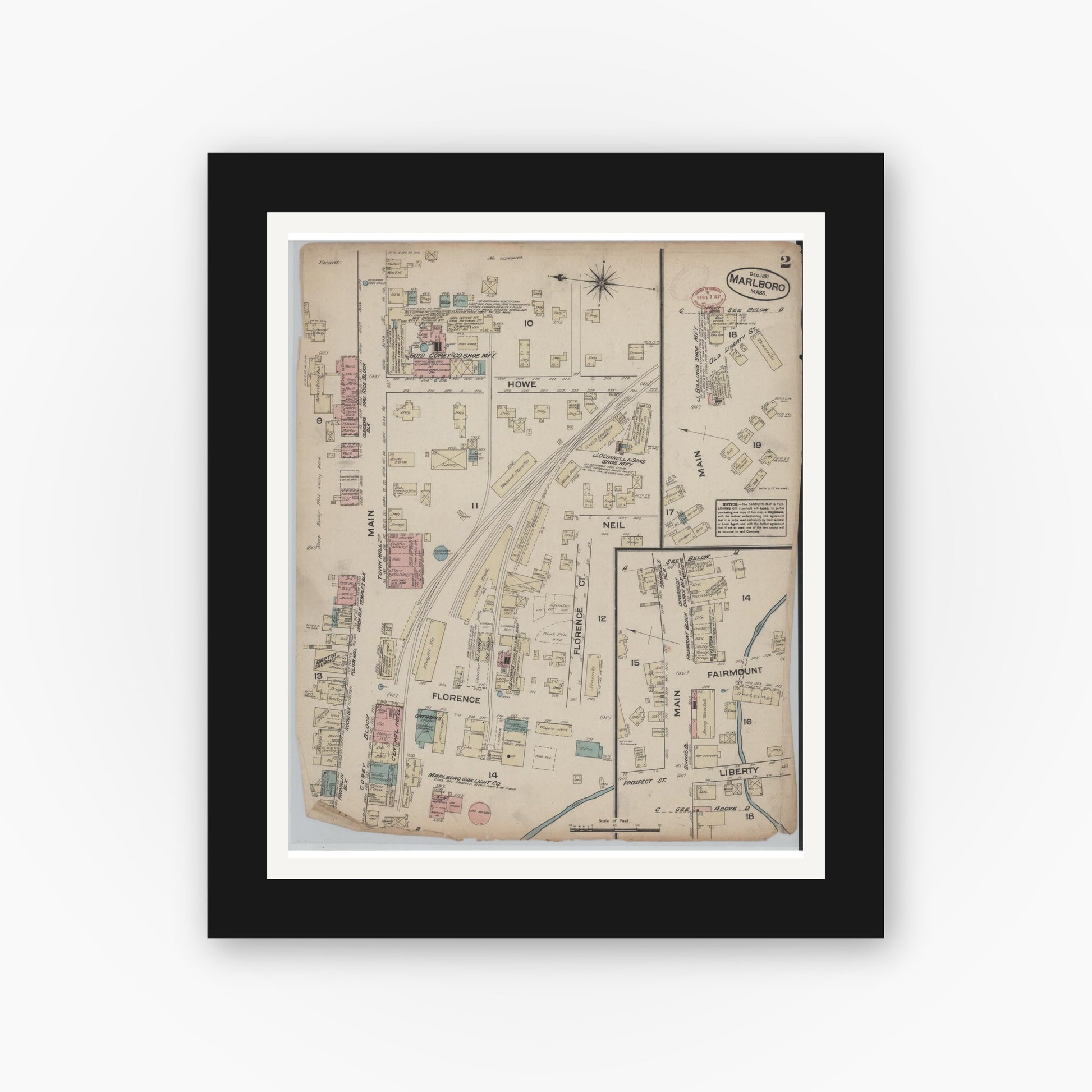 Old map wall art mockup — black gallery frame with white mat — Sanborn Fire Insurance Map from Marlborough, Middlesex  County, Massachusetts (1881), Sheet #0002